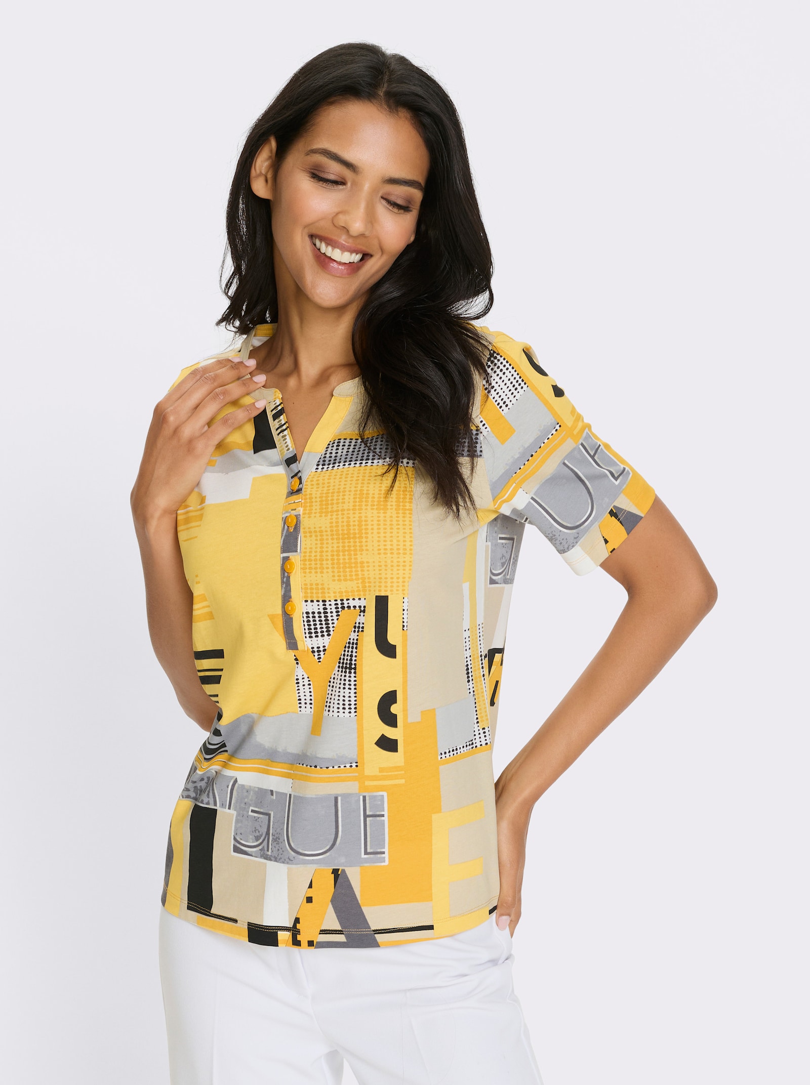 Kurzarmshirt mit kurzer Knopfleiste - ocker-sand-bedruckt