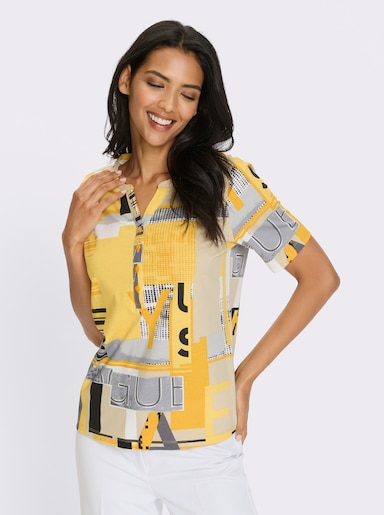 Kurzarmshirt mit kurzer Knopfleiste - ocker-sand-bedruckt