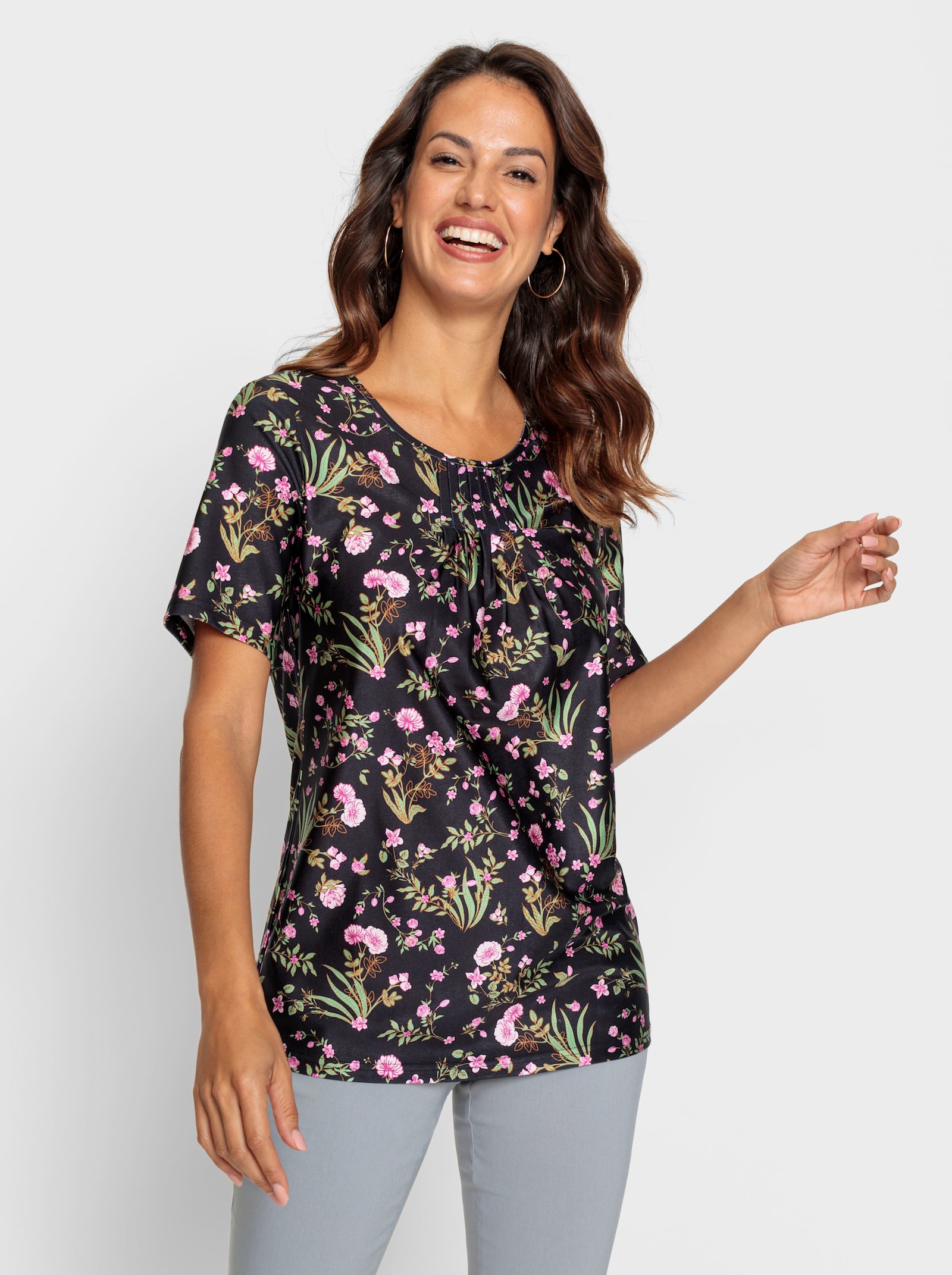 Tunikashirt in Longform - schwarz-rosé-bedruckt