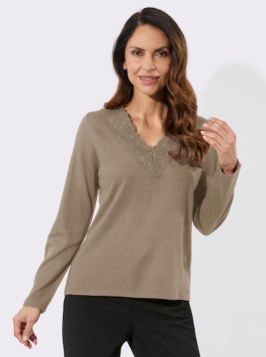Feinstrickpullover mit Spitzenbesatz - sesam