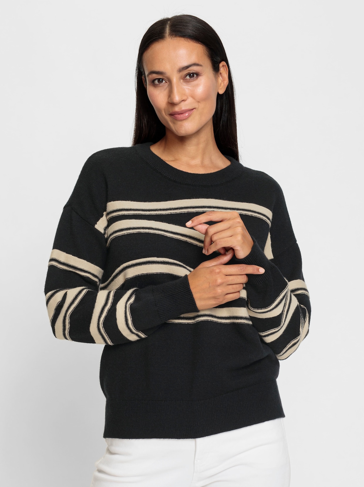 heine Langarm-Pullover - schwarz-sand-gemustert