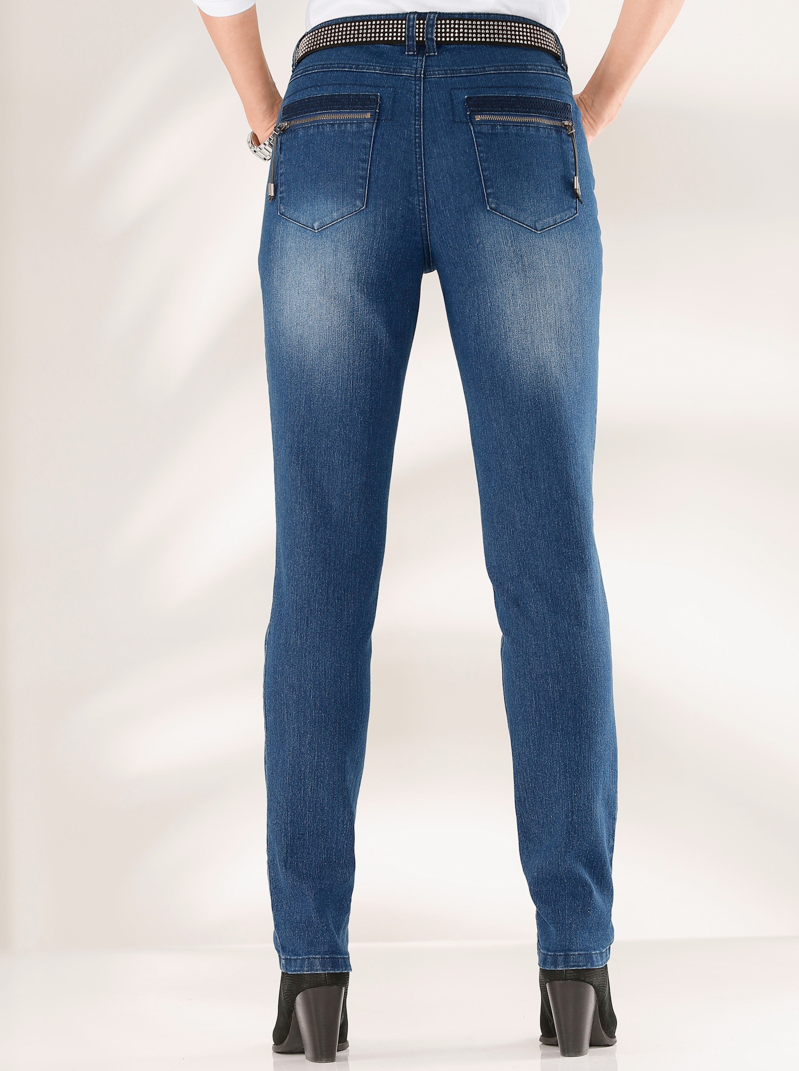 Skinny jeans met rits op achterzakken - blue-stonewashed