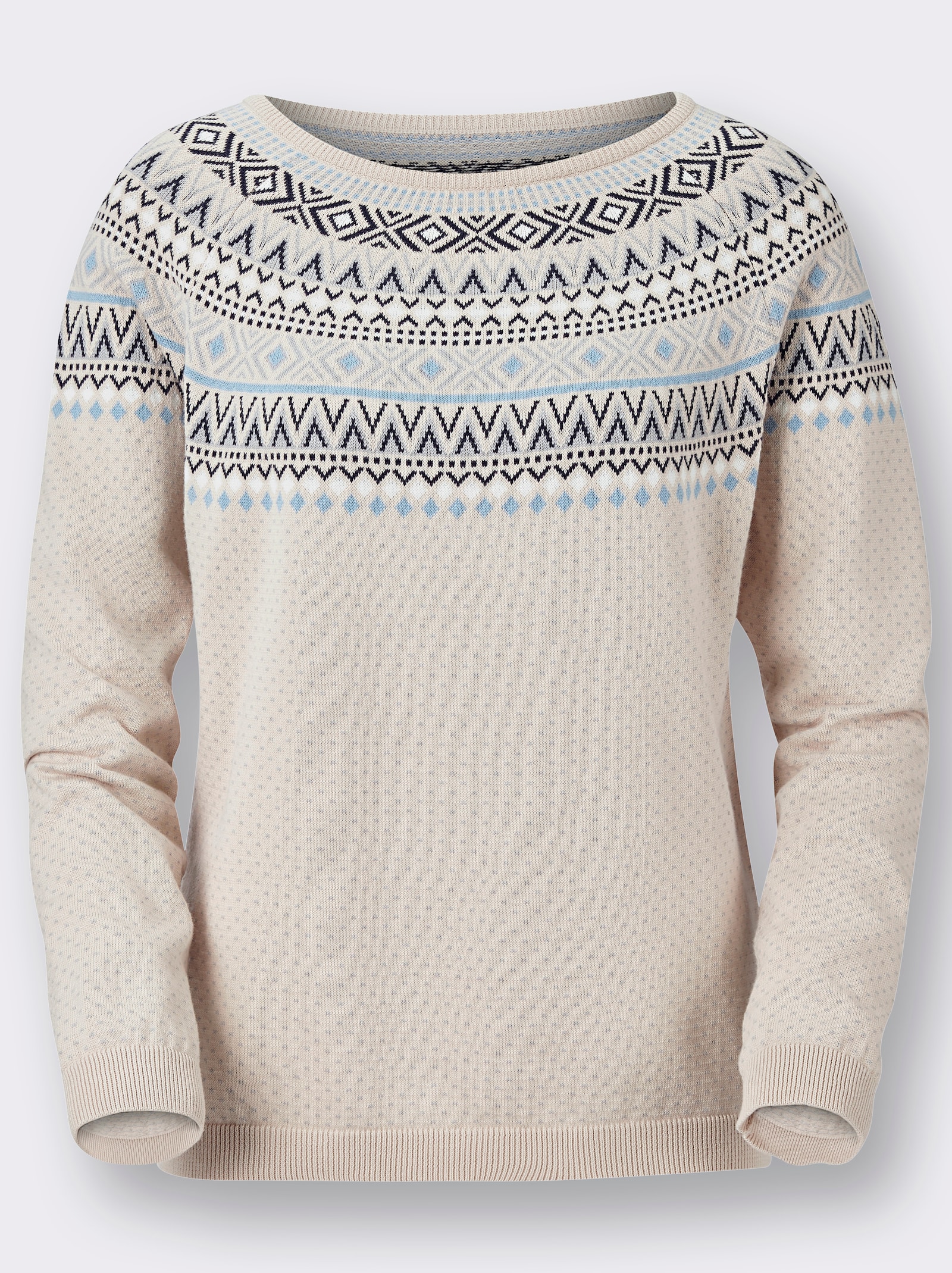 Norwegerpullover mit weitem Rundhals-Ausschnitt - sand-bleu-gemustert