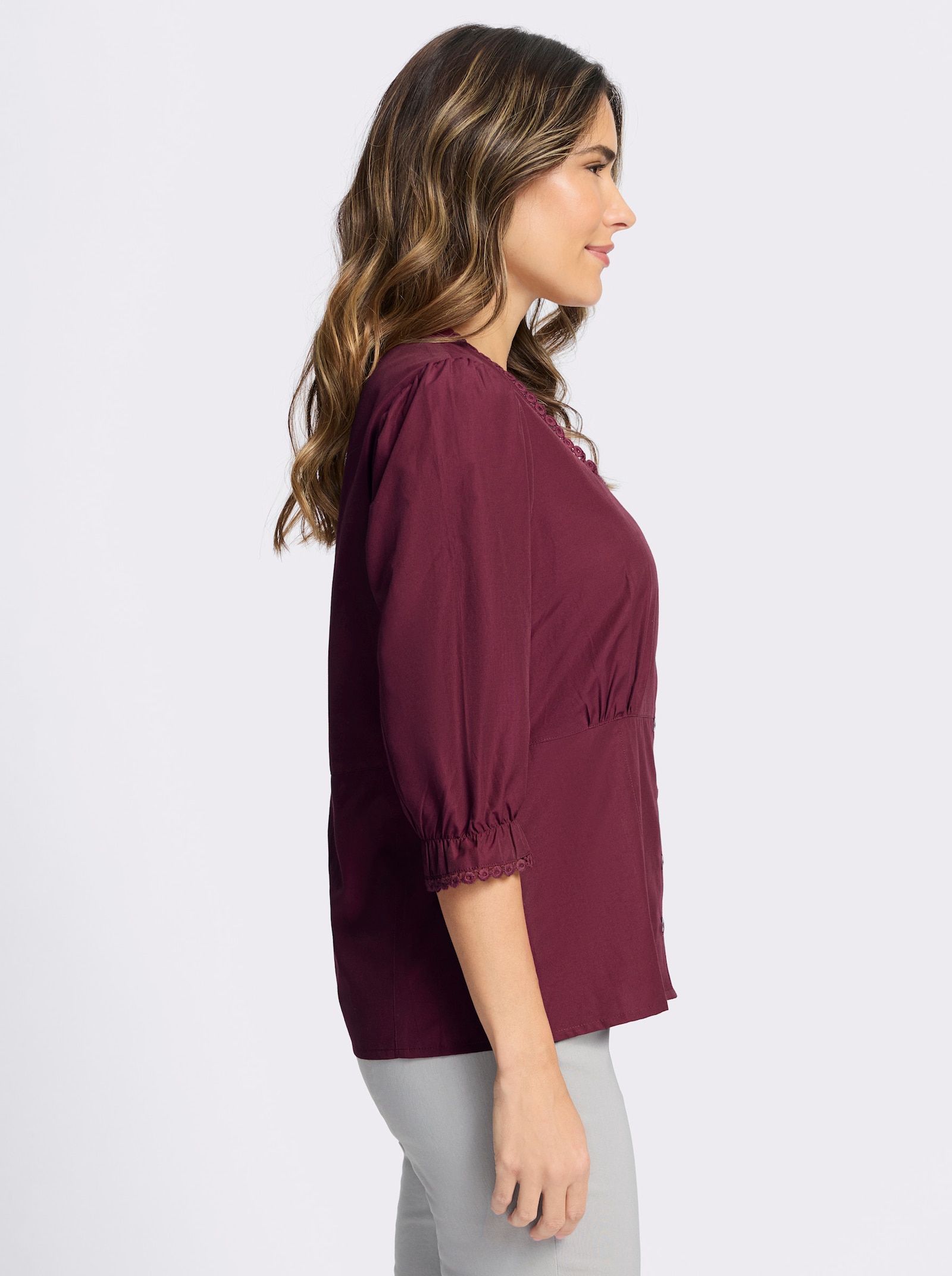 Trachtenbluse mit 3/4-langen Puffärmeln - bordeaux