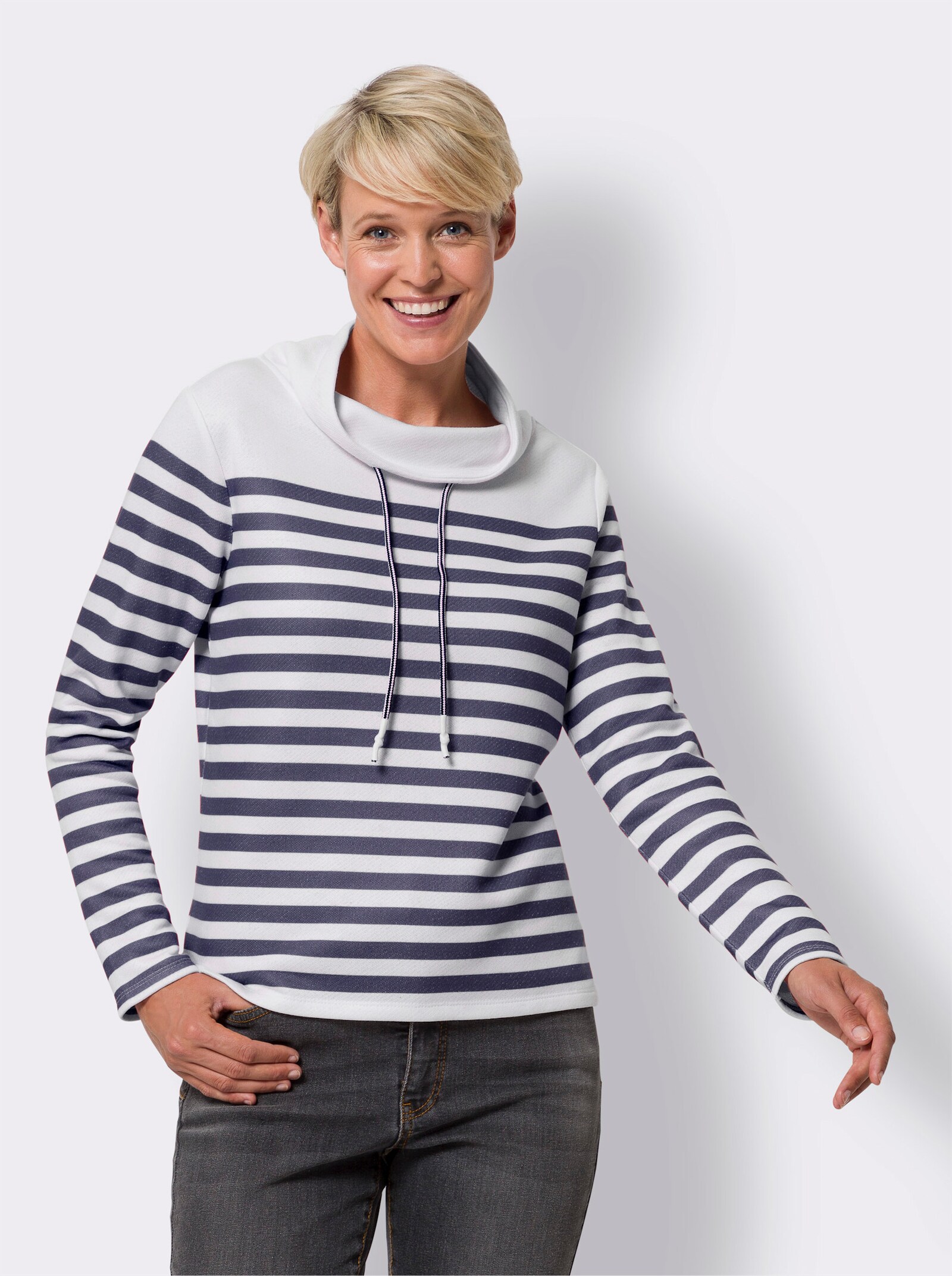 Sweatshirt im Marine-Stil - weiss-marine-geringelt