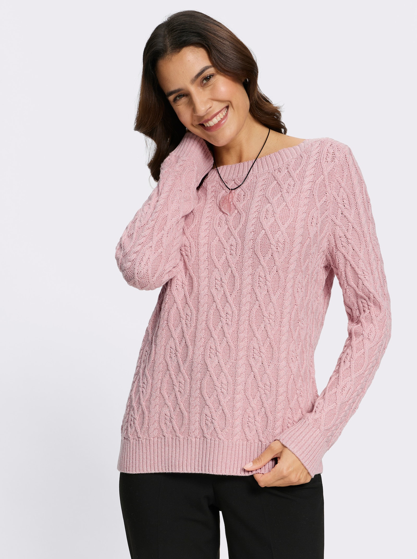 Gebreide pullover met luxueus kabelpatroon - hortensia gemêleerd