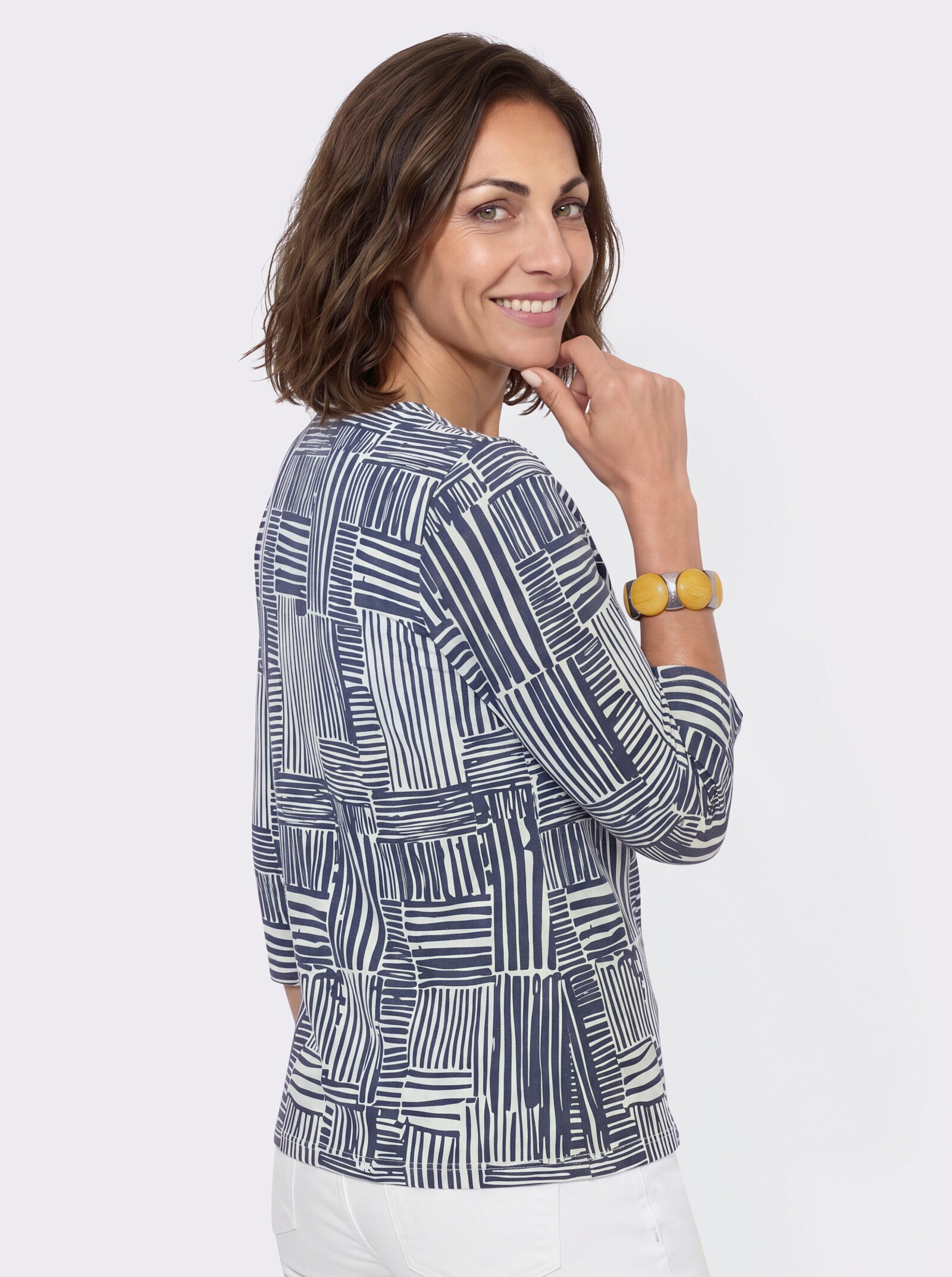 Print-Shirt mit 3/4-Ärmeln - rauchblau-ecru-gemustert