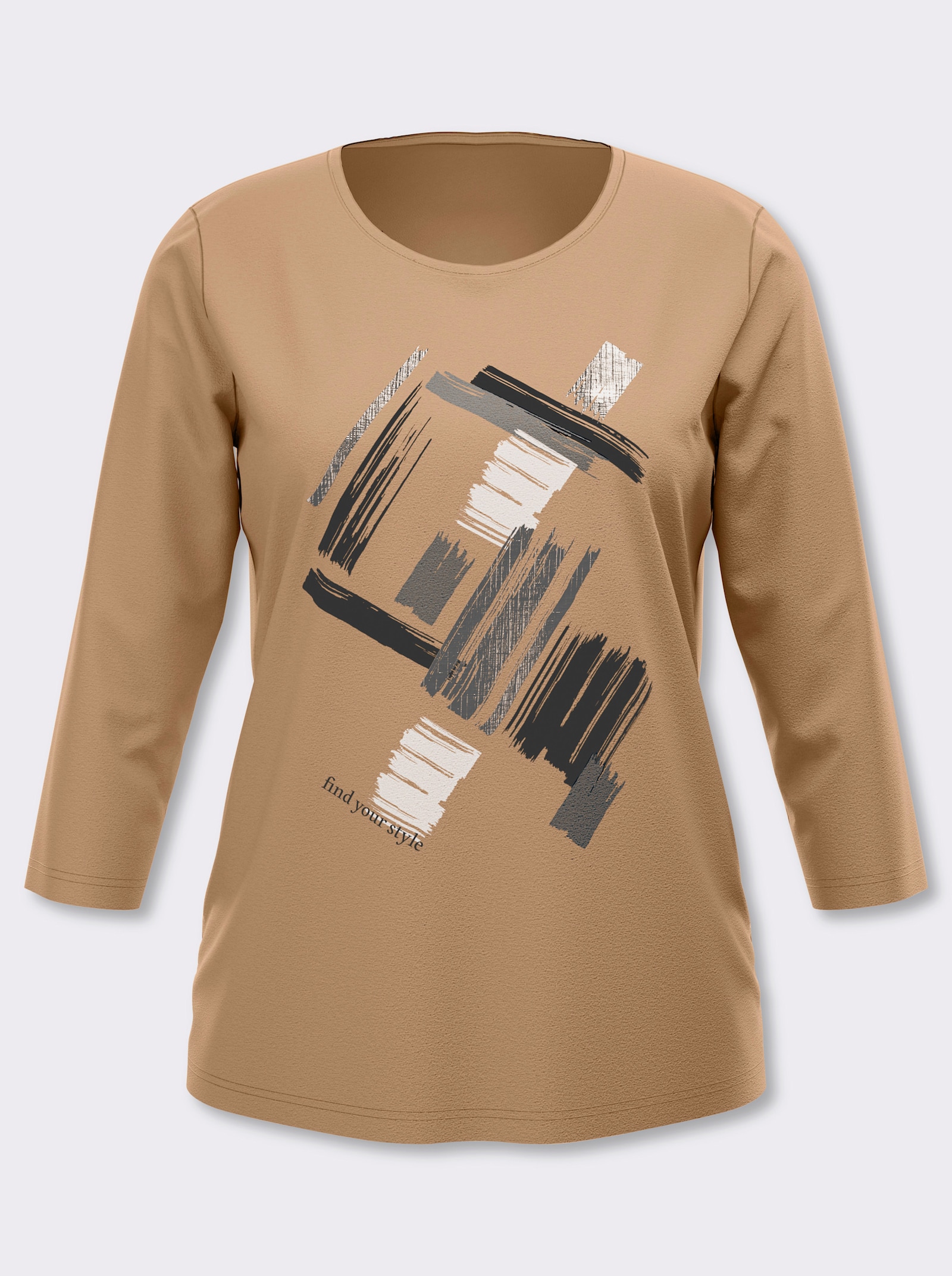3/4-Arm-Shirt mit glänzendem Druck - camel-ecru