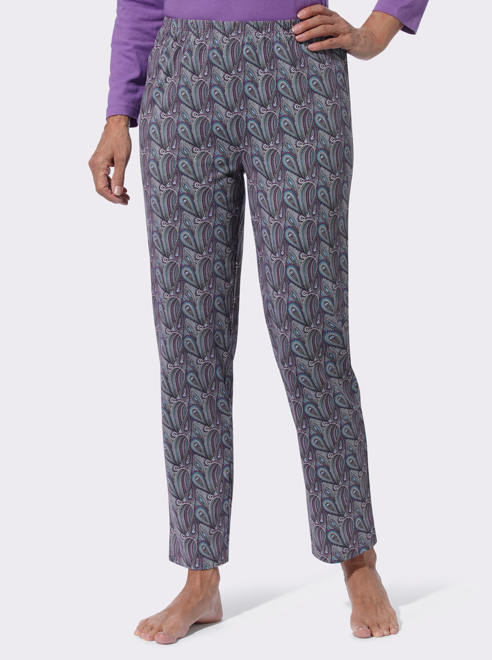 Schlafanzughose mit grafischem Muster - steingrau-lila-bedruckt