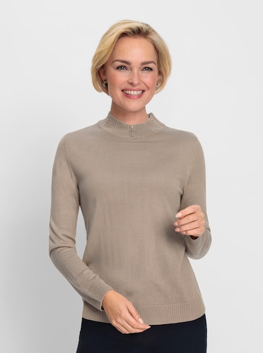 Langarm-Pullover mit Zierperlen-Deko - sesam