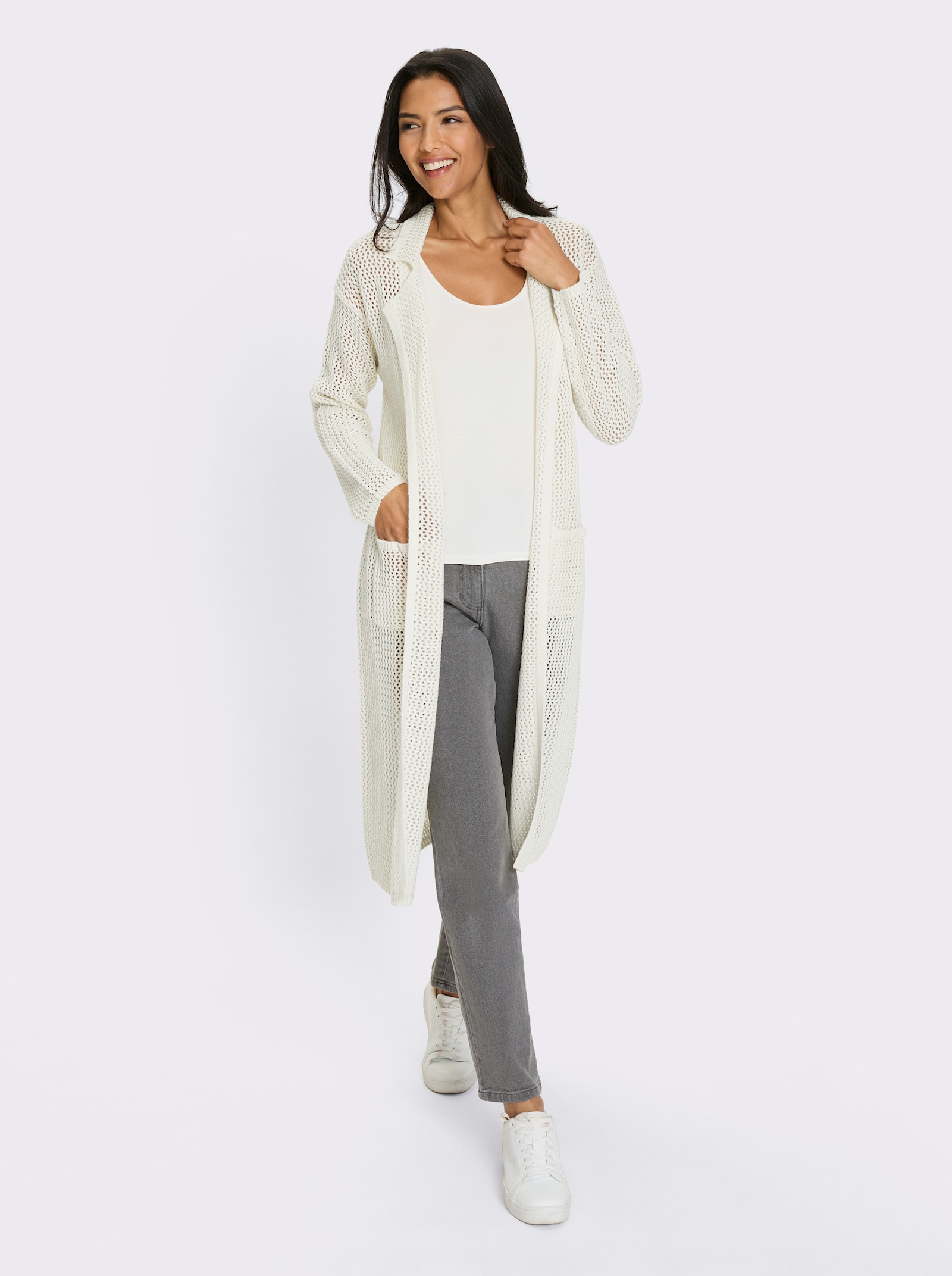 Strickmantel mit Ajour-Muster - ecru