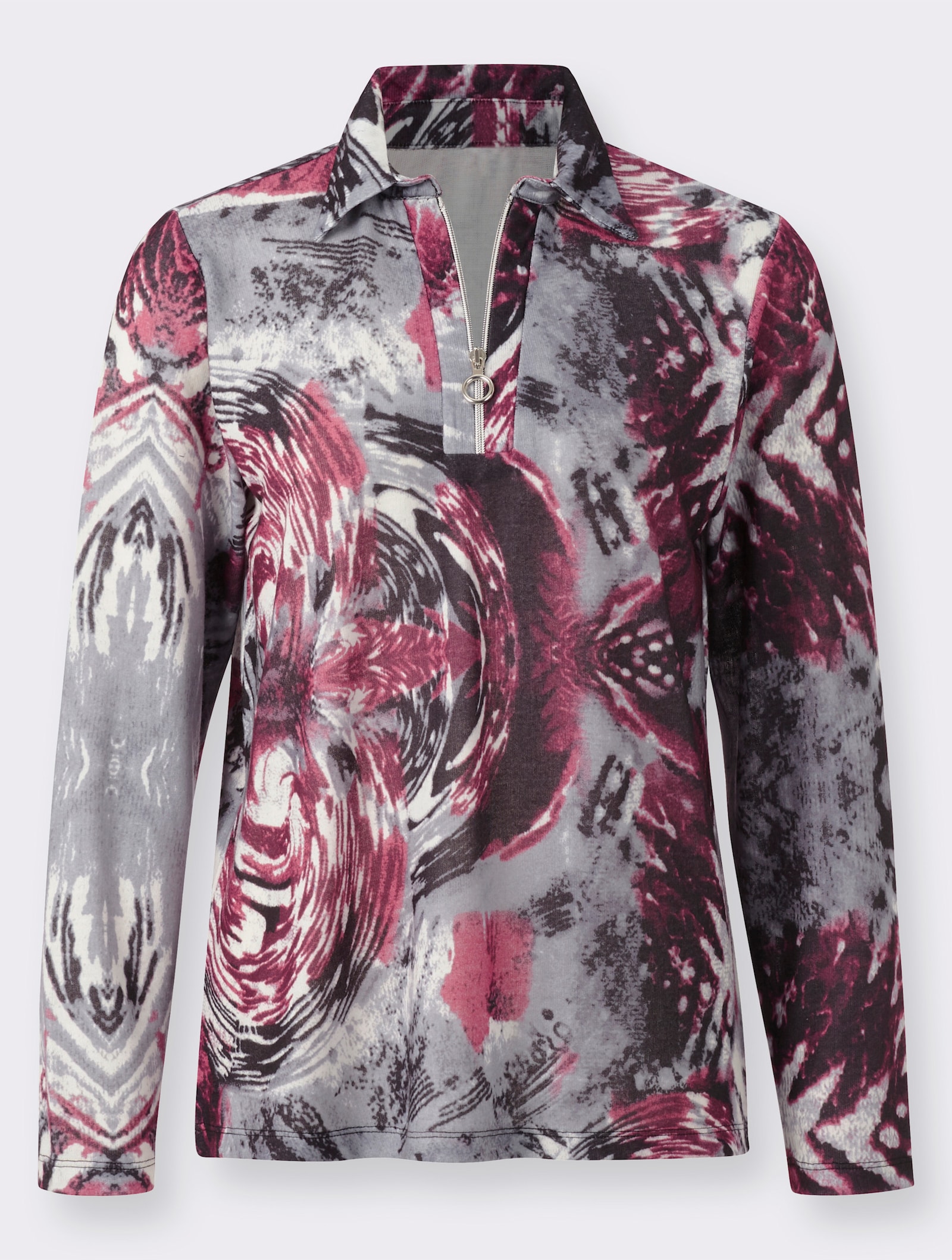 Poloshirt mit unterlegtem Reißverschluss - bordeaux-grau-bedruckt