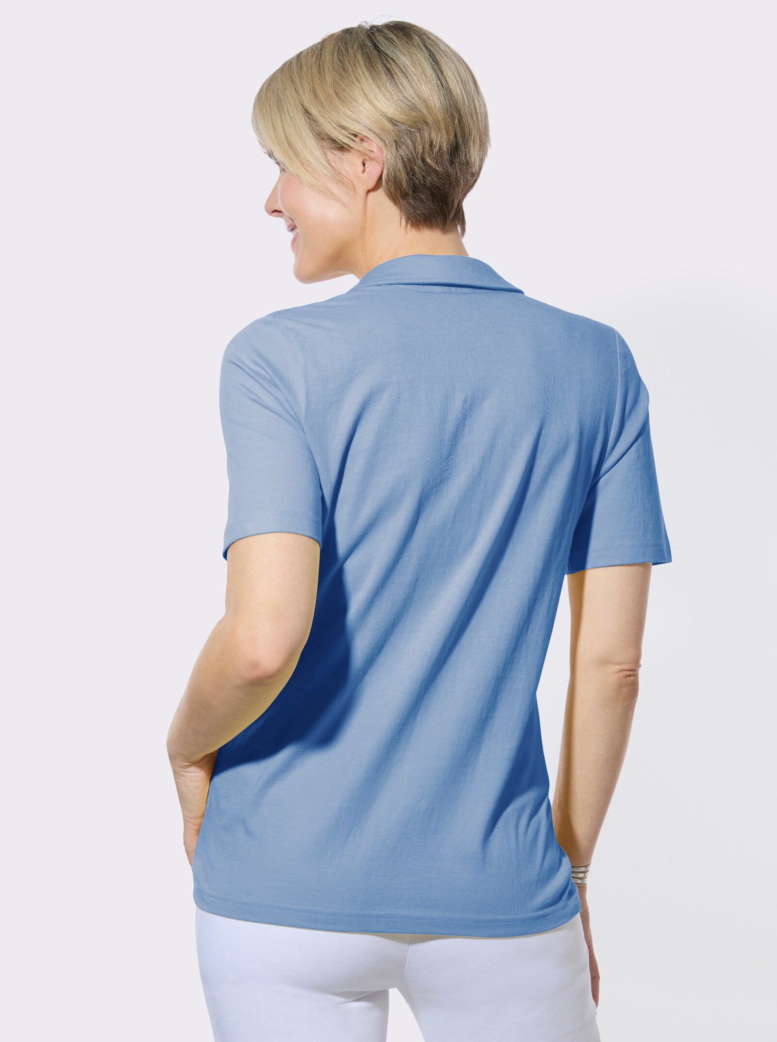 Poloshirt mit Rüschen und Nietenbesatz - himmelblau