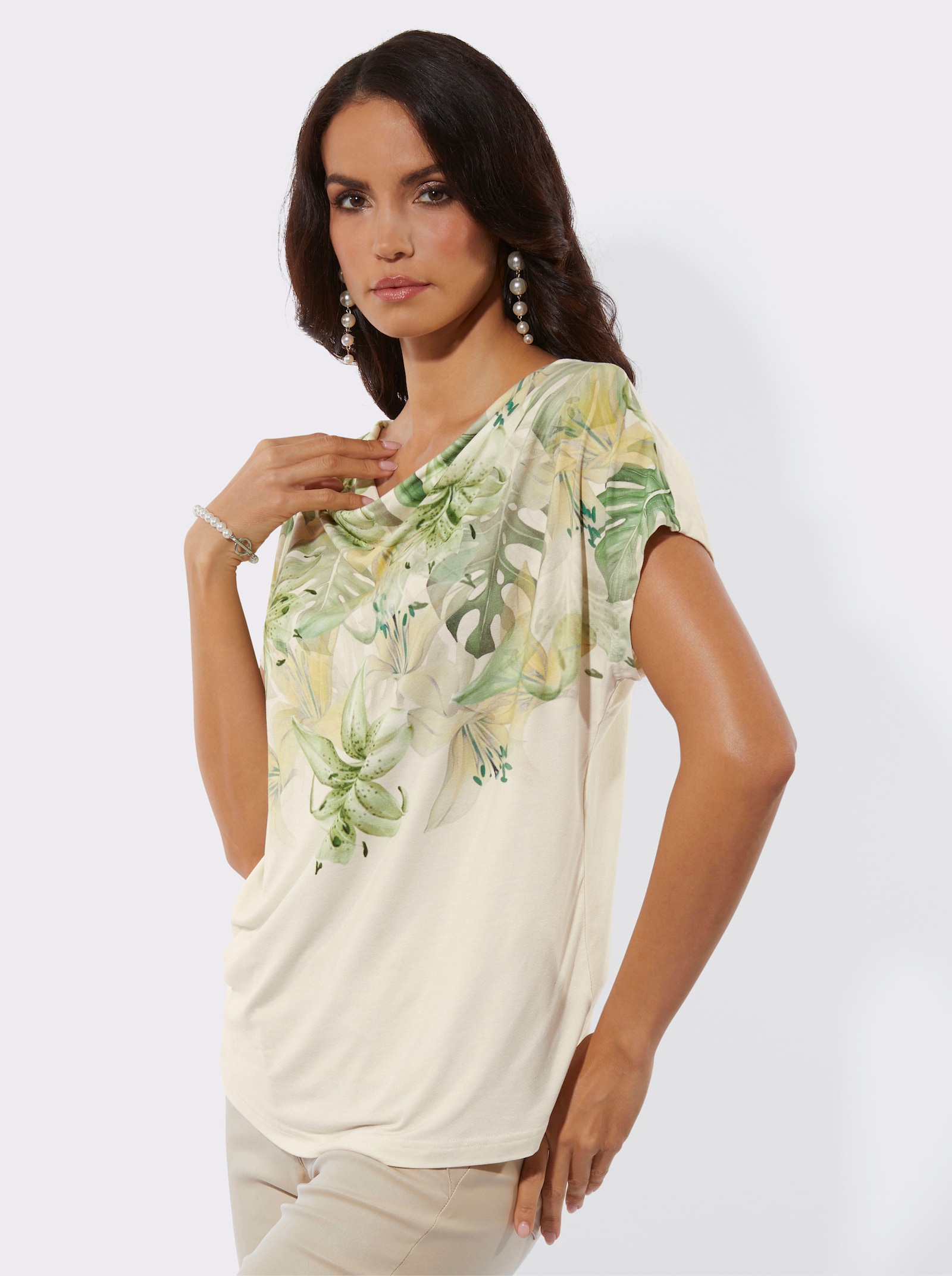 Wasserfallshirt mit platziertem Druckmuster - champagner-pistazie-bedruckt