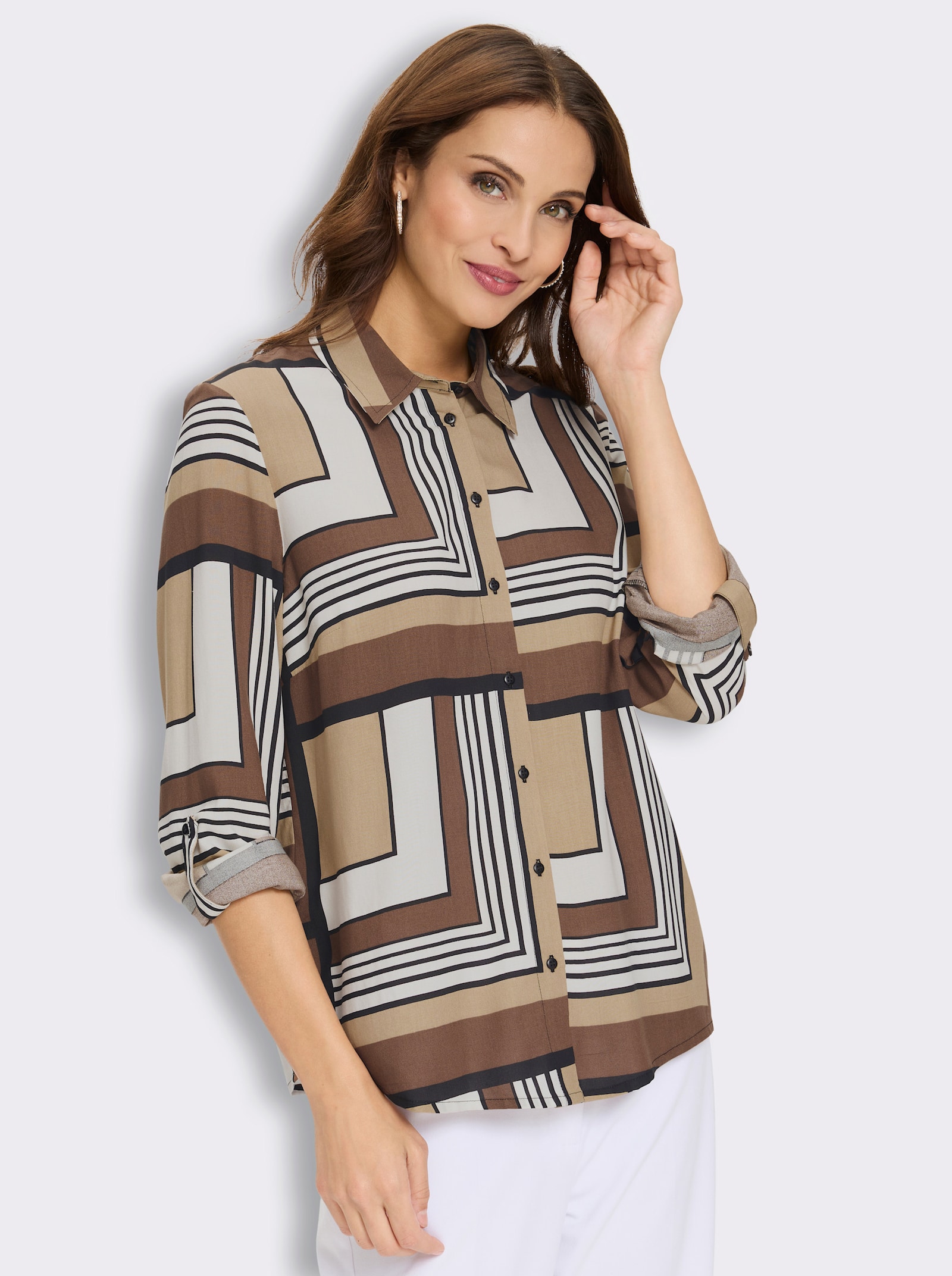 Druckbluse mit längenregulierbaren Ärmeln - braun-ecru-bedruckt