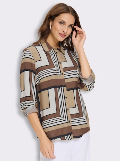 Druckbluse mit längenregulierbaren Ärmeln - braun-ecru-bedruckt