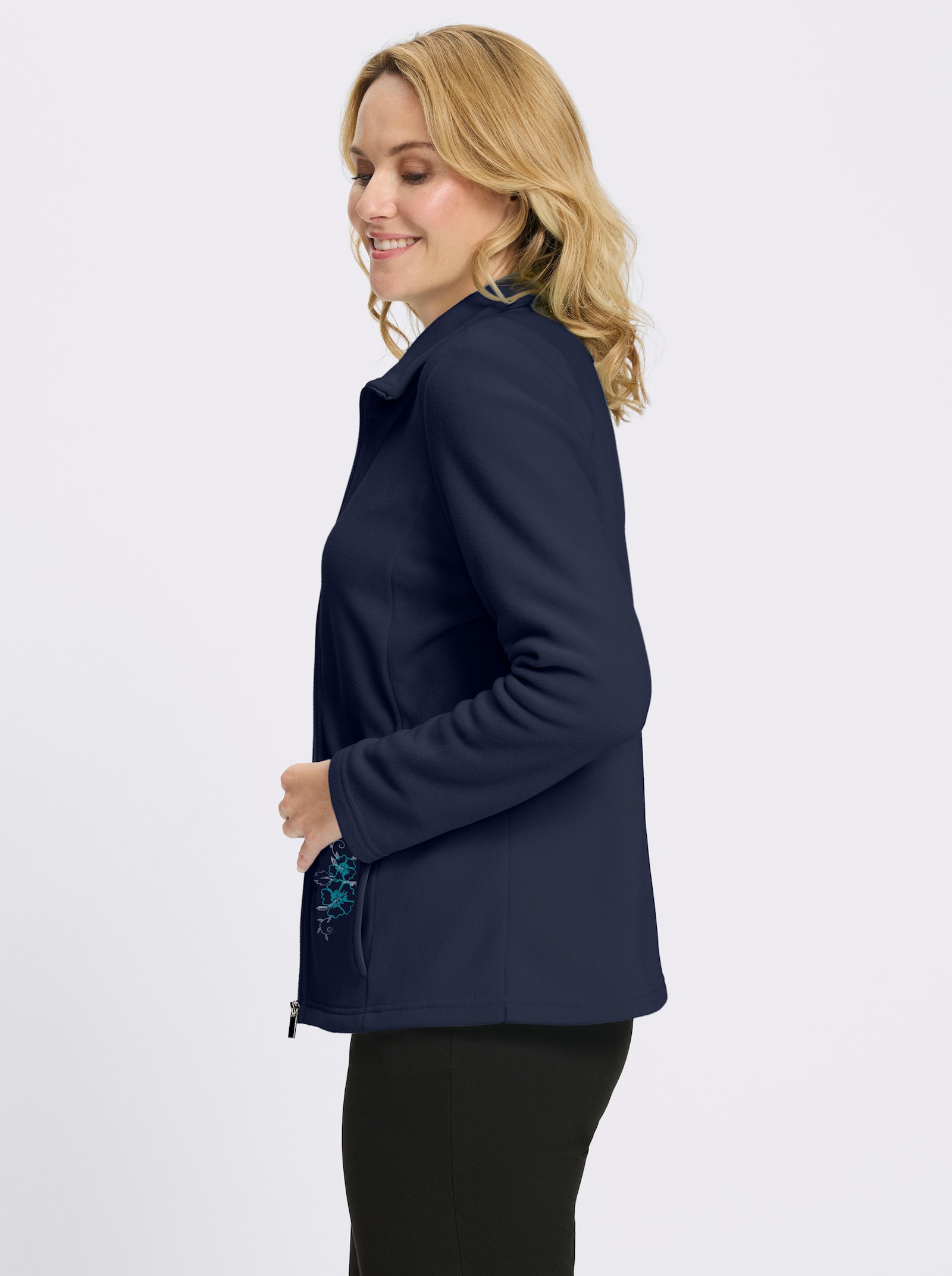 Fleecejacke mit Blütenstickerei - marine