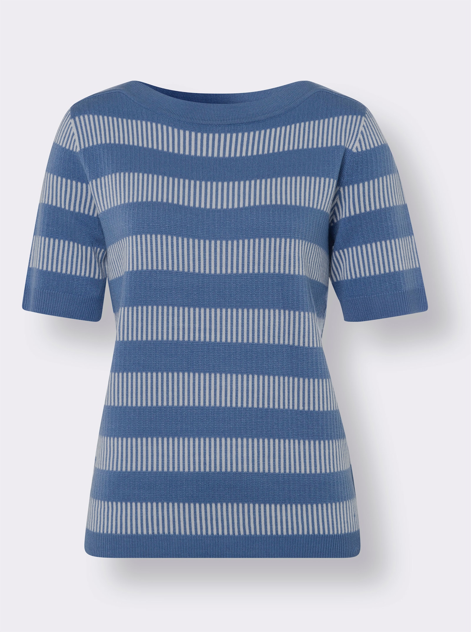 Kurzarmpullover in Jacquard-Qualität - mittelblau-ecru-gemustert