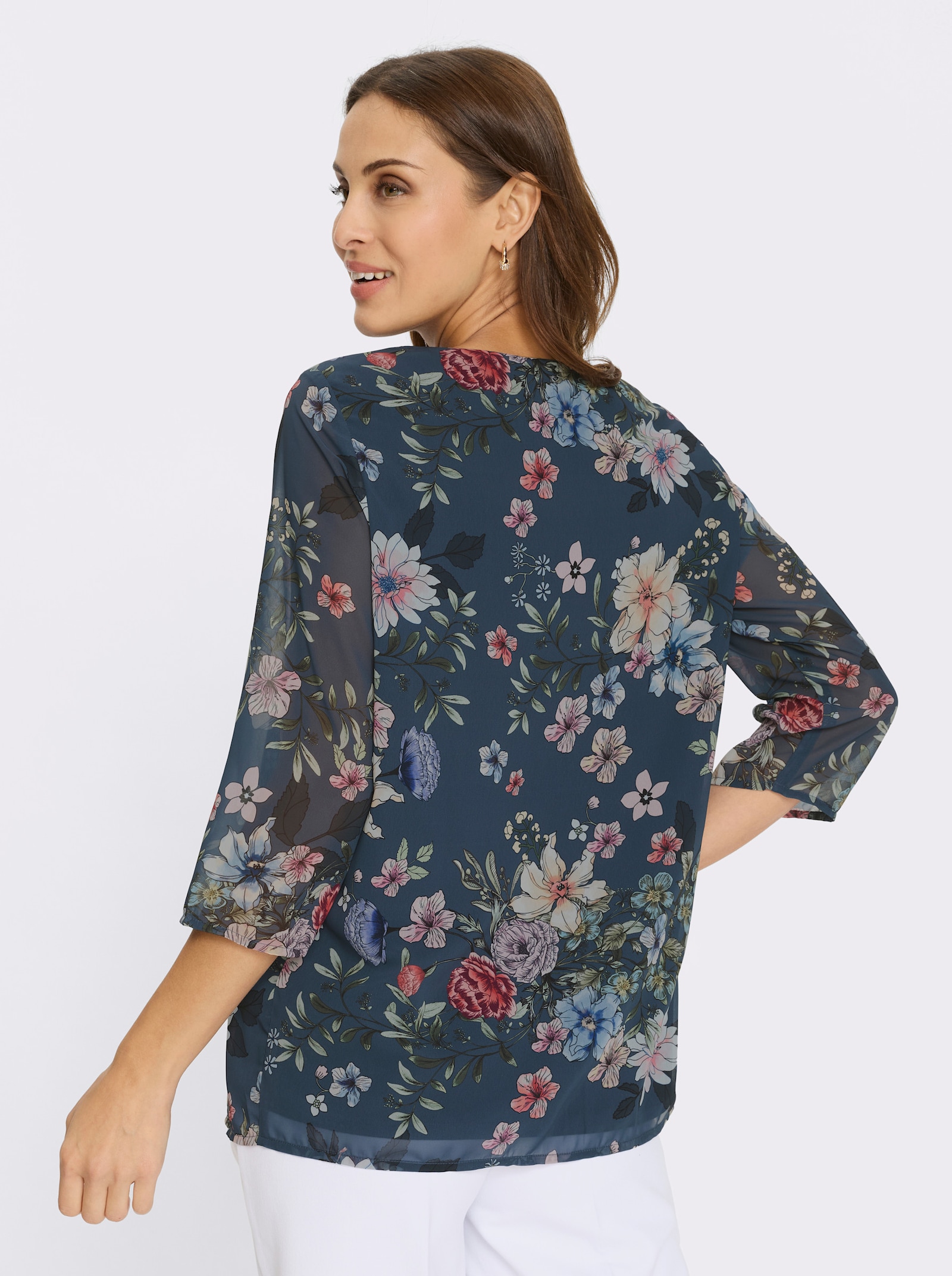 Druckbluse in 2-in-1-Optik - dunkelblau-orchidee-bedruckt