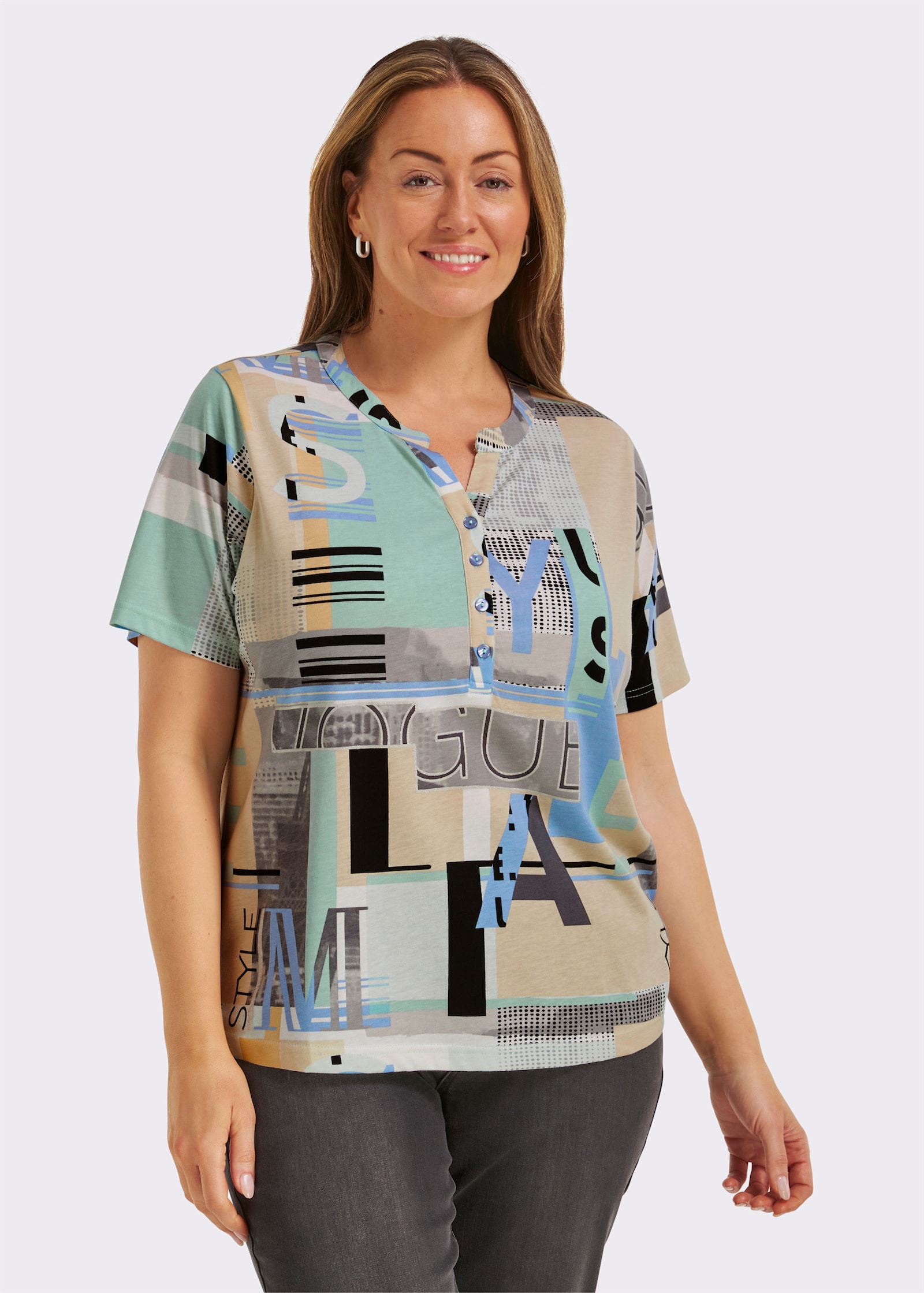 Kurzarmshirt im Baumwoll-Modal-Mix - bleu-sand-bedruckt