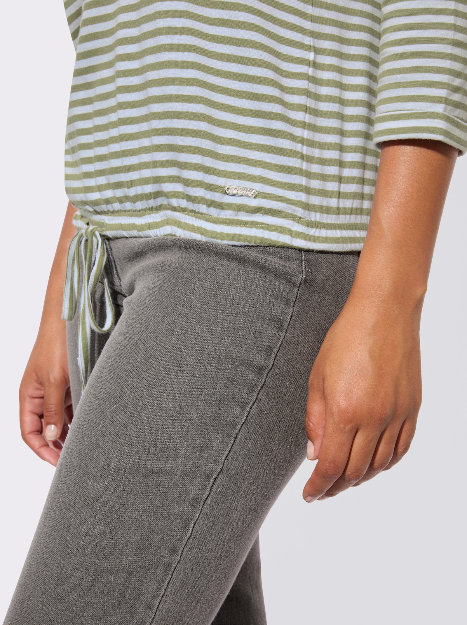 3/4-Arm-Shirt mit Kordel im Saum - schilf-weiß-geringelt