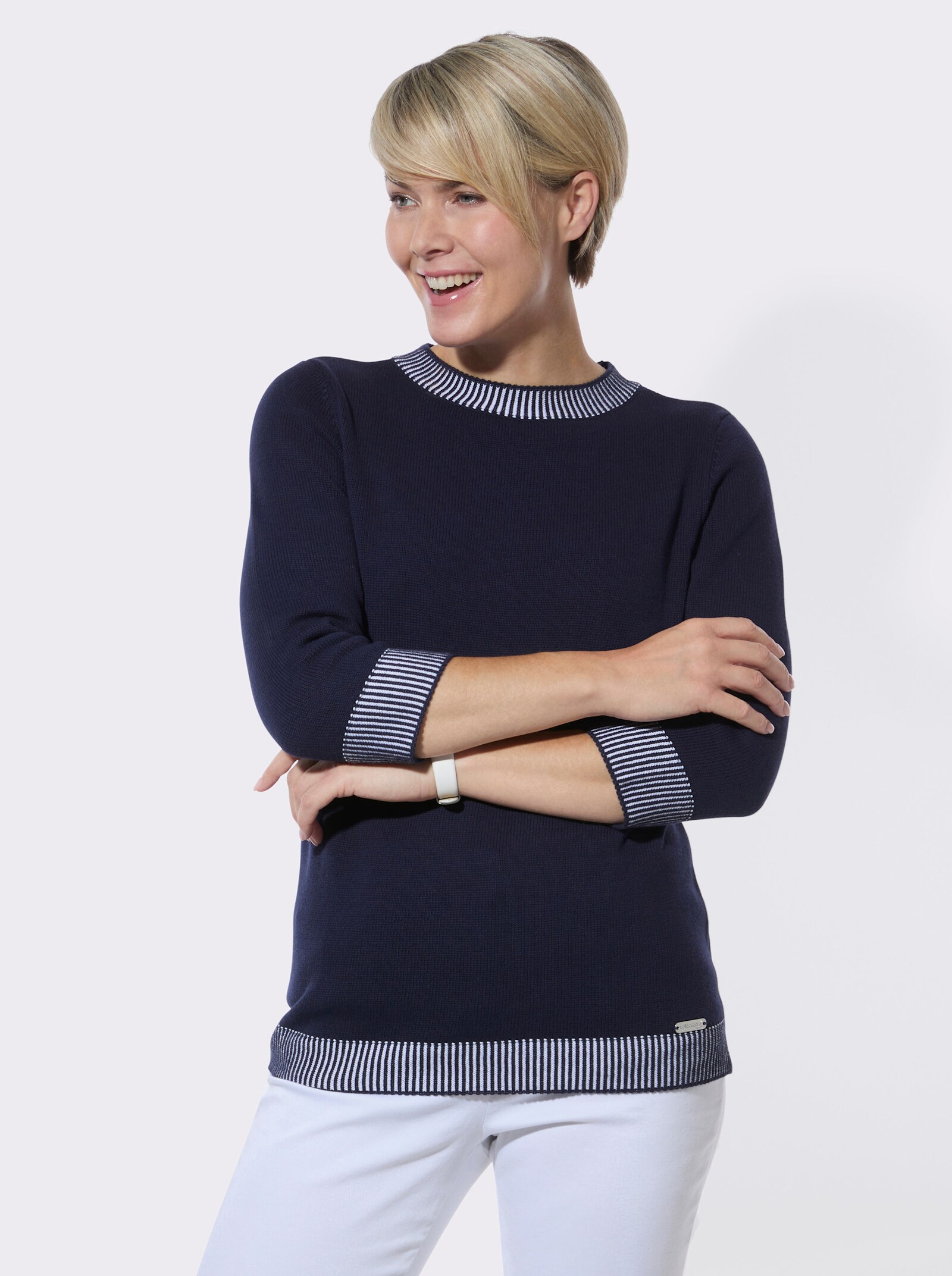 3/4-Arm-Pullover mit gestreiften Abschlüssen - marine