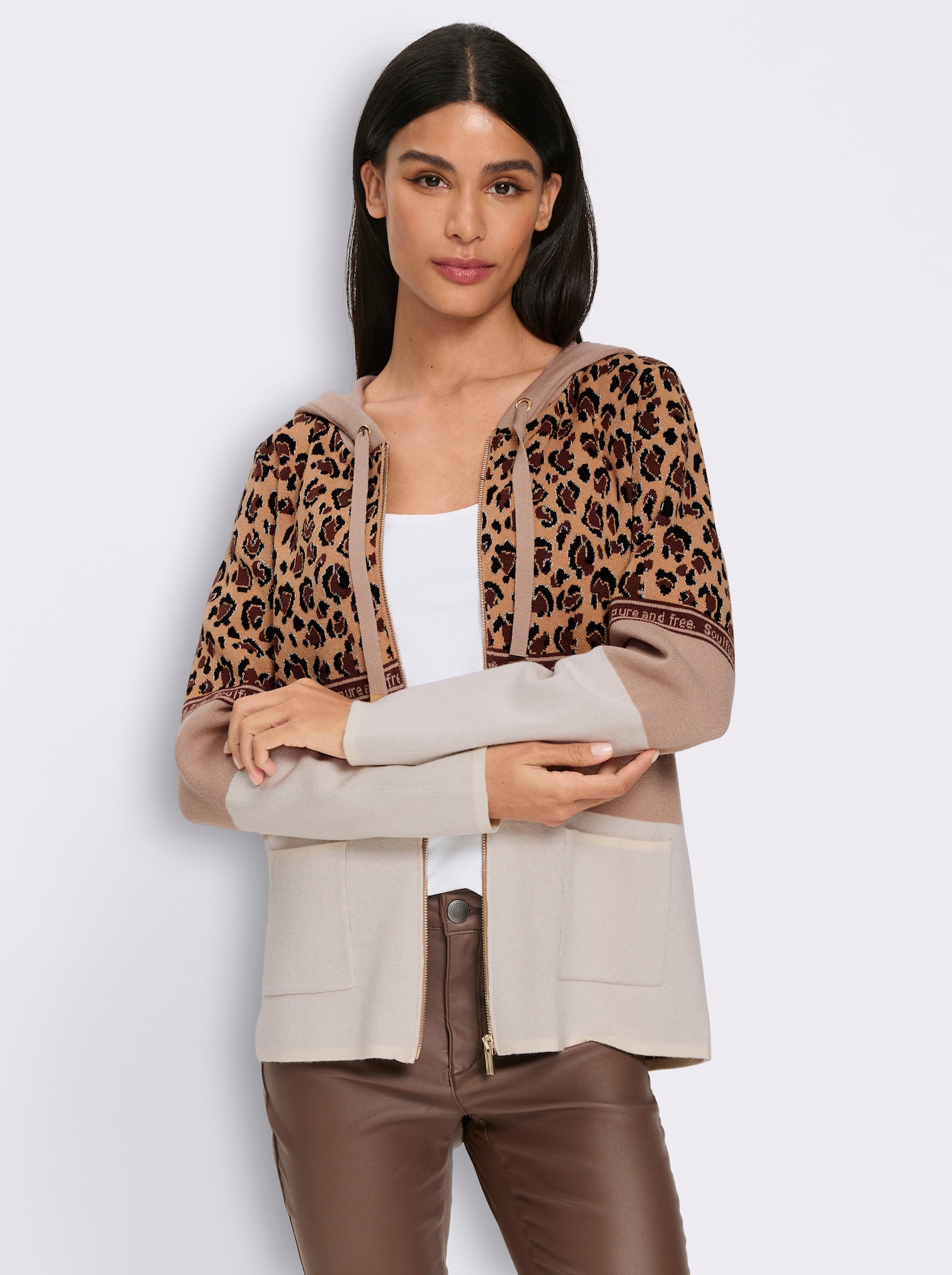 heine Kapuzenstrickjacke mit Animal-Dessin - schoko-champagner-gemustert