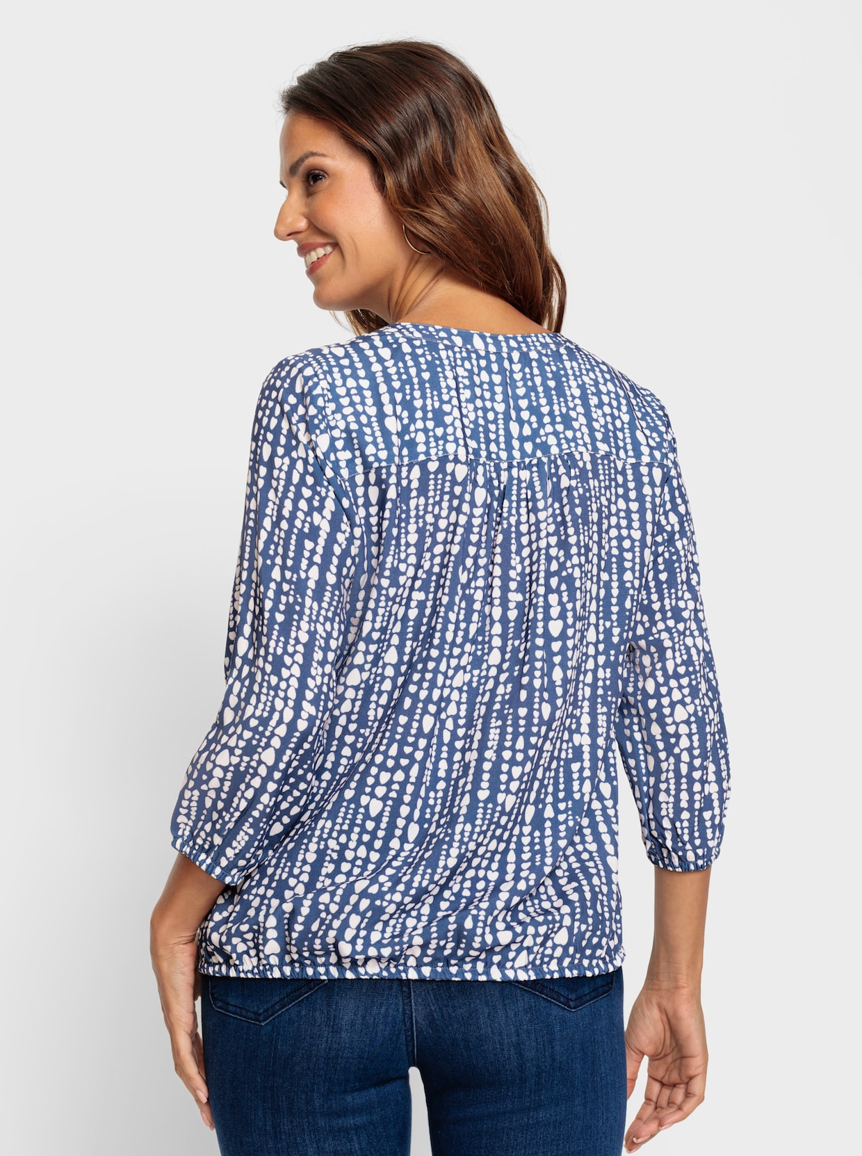 Bluse - weiss-jeansblau-bedruckt