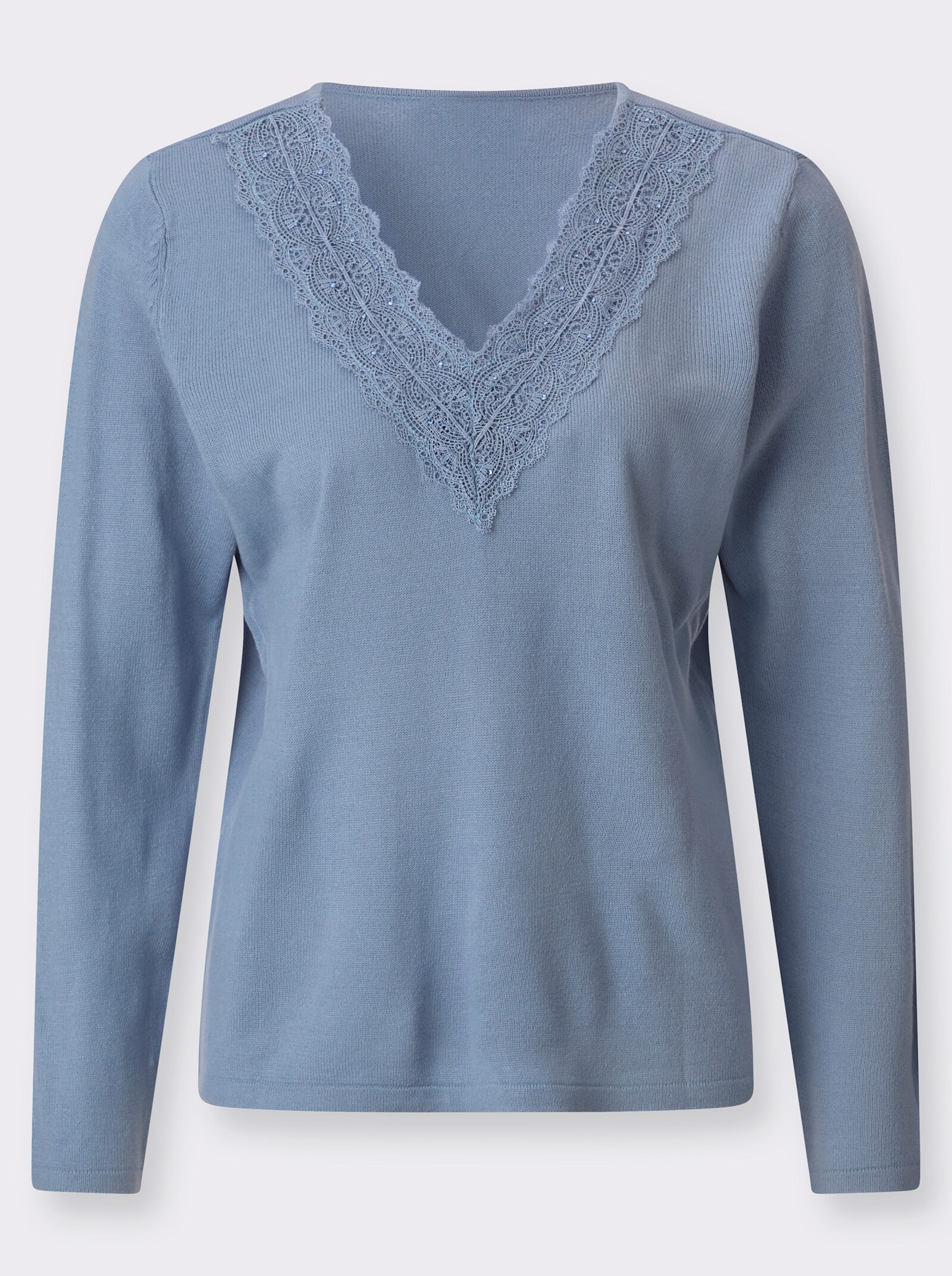 Feinstrickpullover mit Spitzenbesatz - bleu