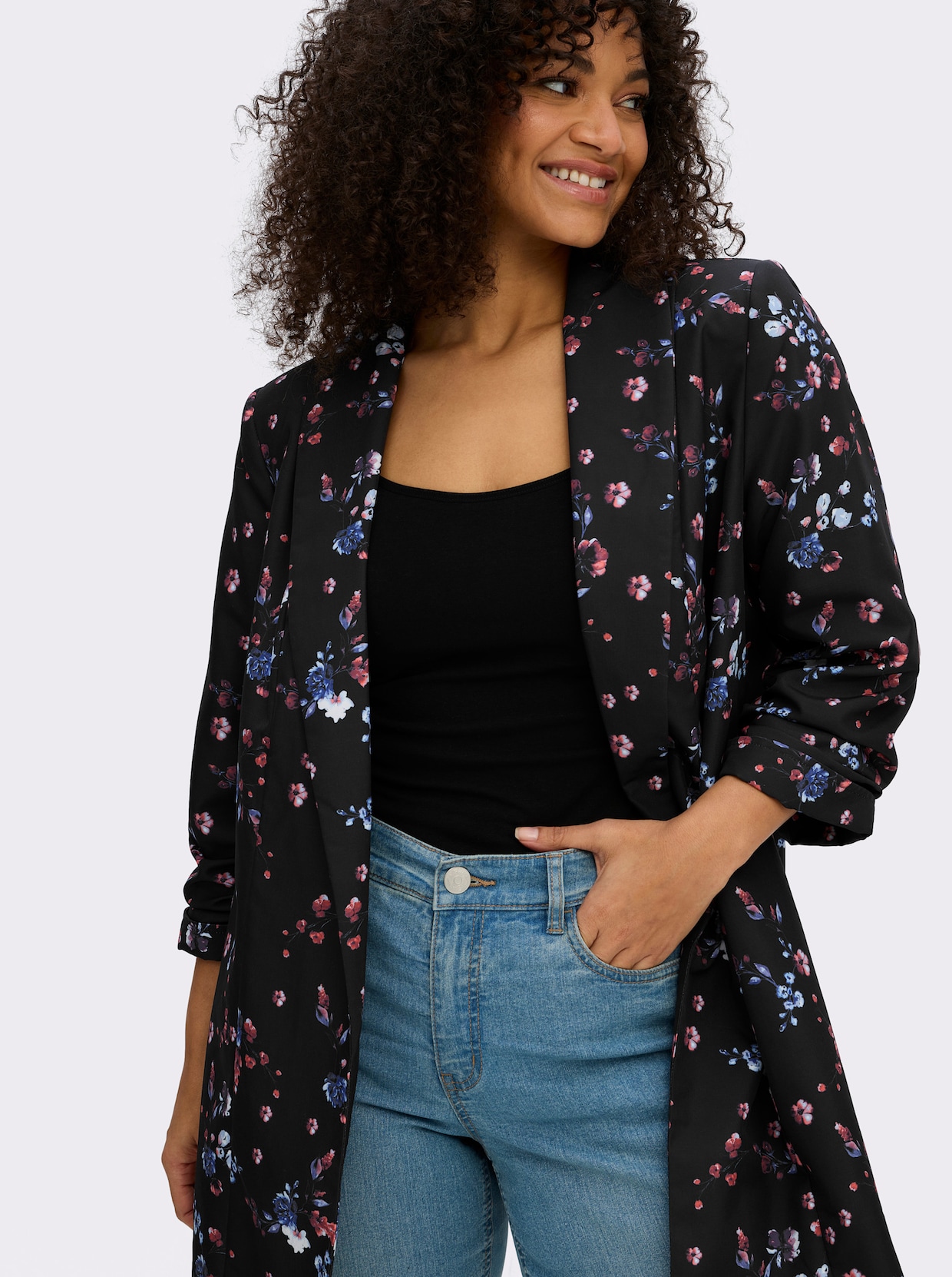 sheego Blazer mit Blumen-Alloverprint - schwarz-koralle-bedruckt