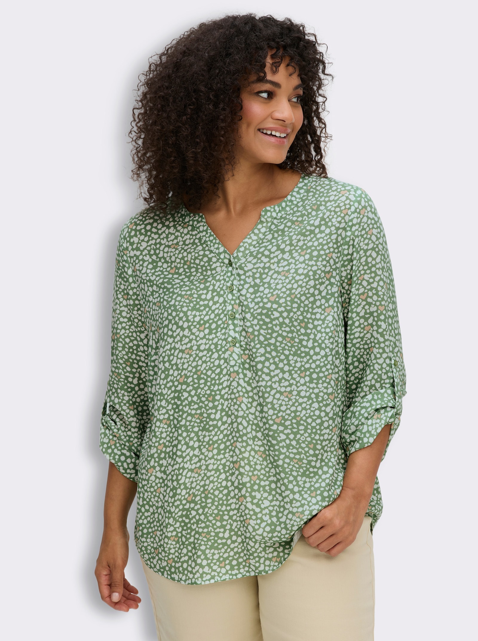 Langarm-Bluse - eucalyptus-ecru-bedruckt