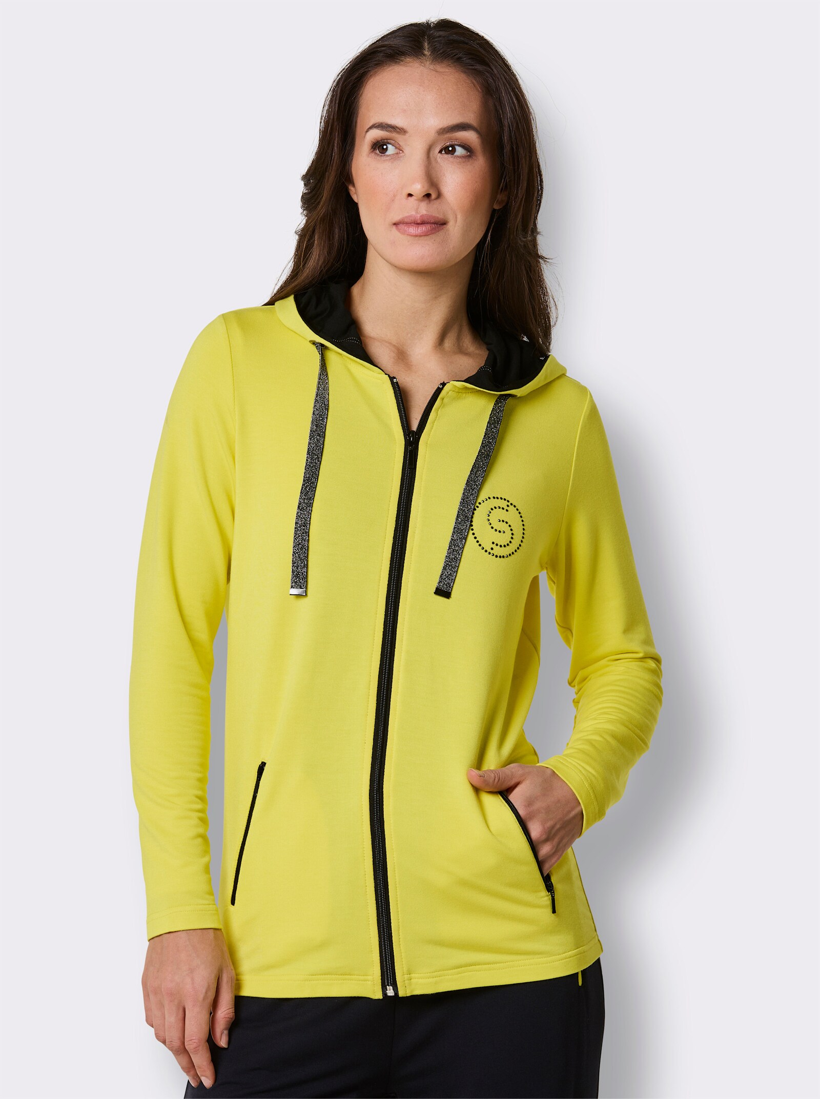 CREATION L PREMIUM Jacke mit Glitzersteinchen-Applikation - limone-schwarz