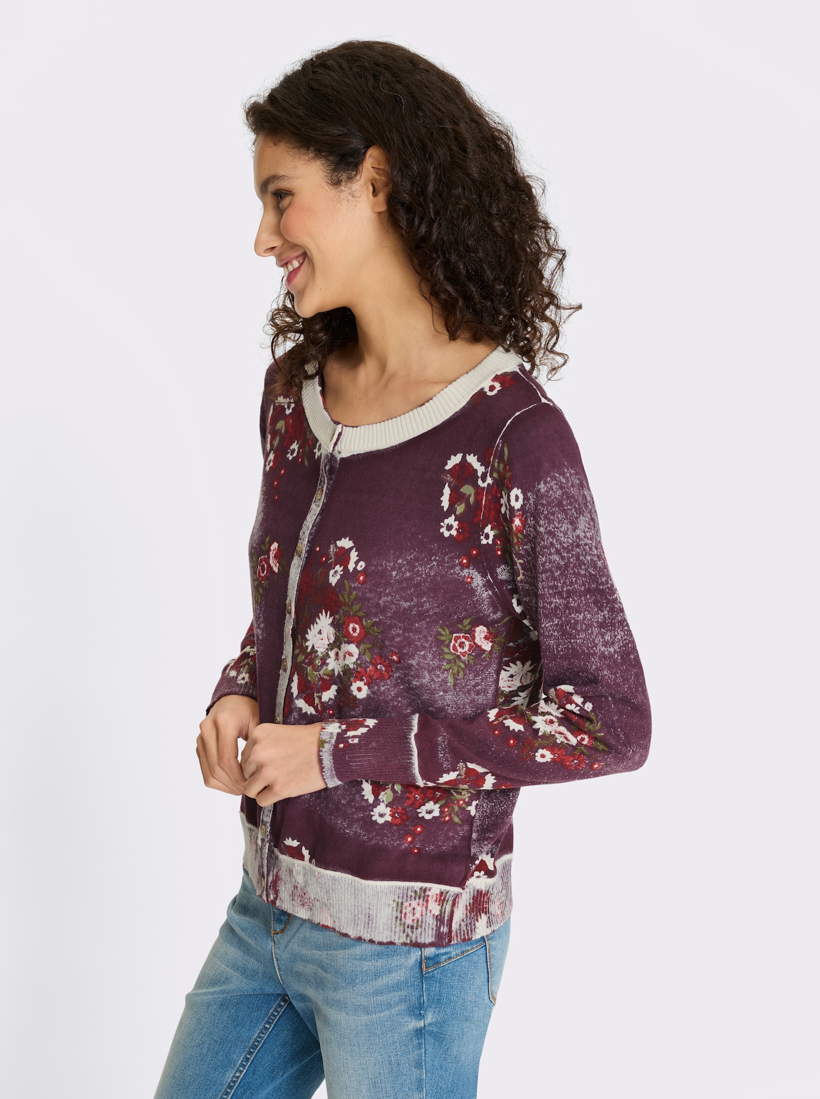 heine Strickjacke mit Blüten-Print - burgund-champagner-bedruckt