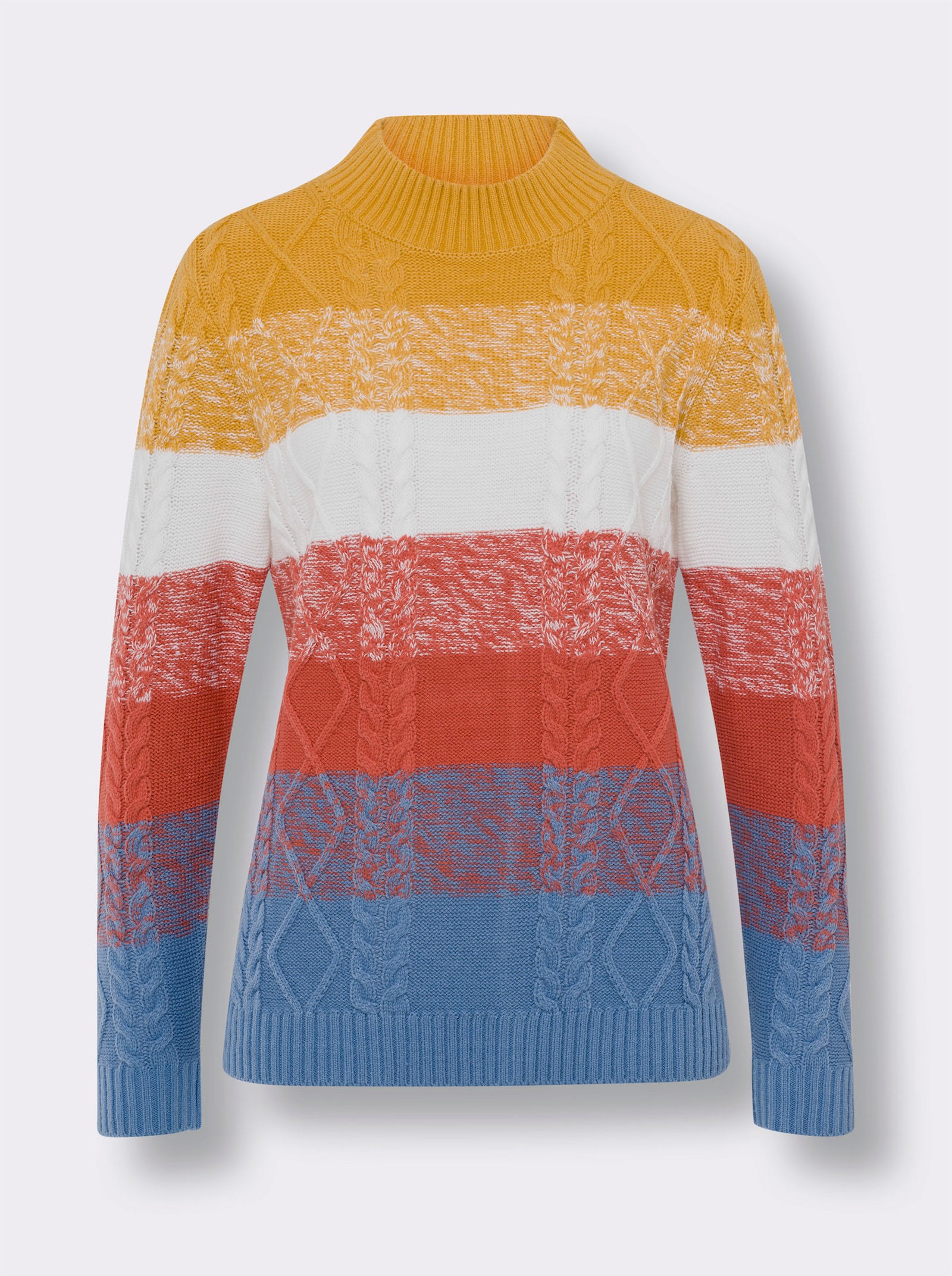 Stehkragenpullover mit Zopfmuster - mittelblau-terra-gemustert