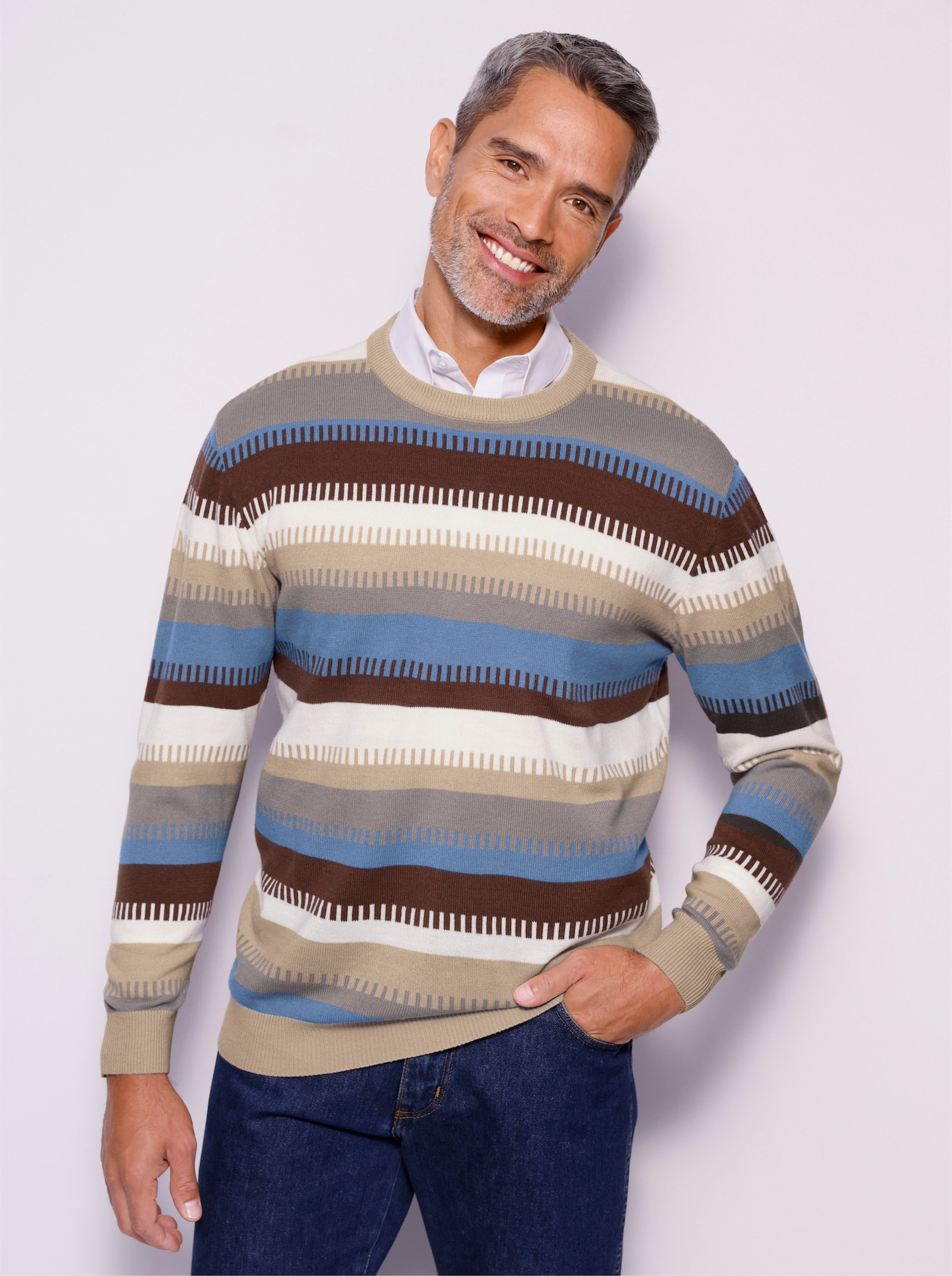 Svetr s kulatým výstřihem s proužkovaným pleteným vzorem - ecru-střední modrá-proužek