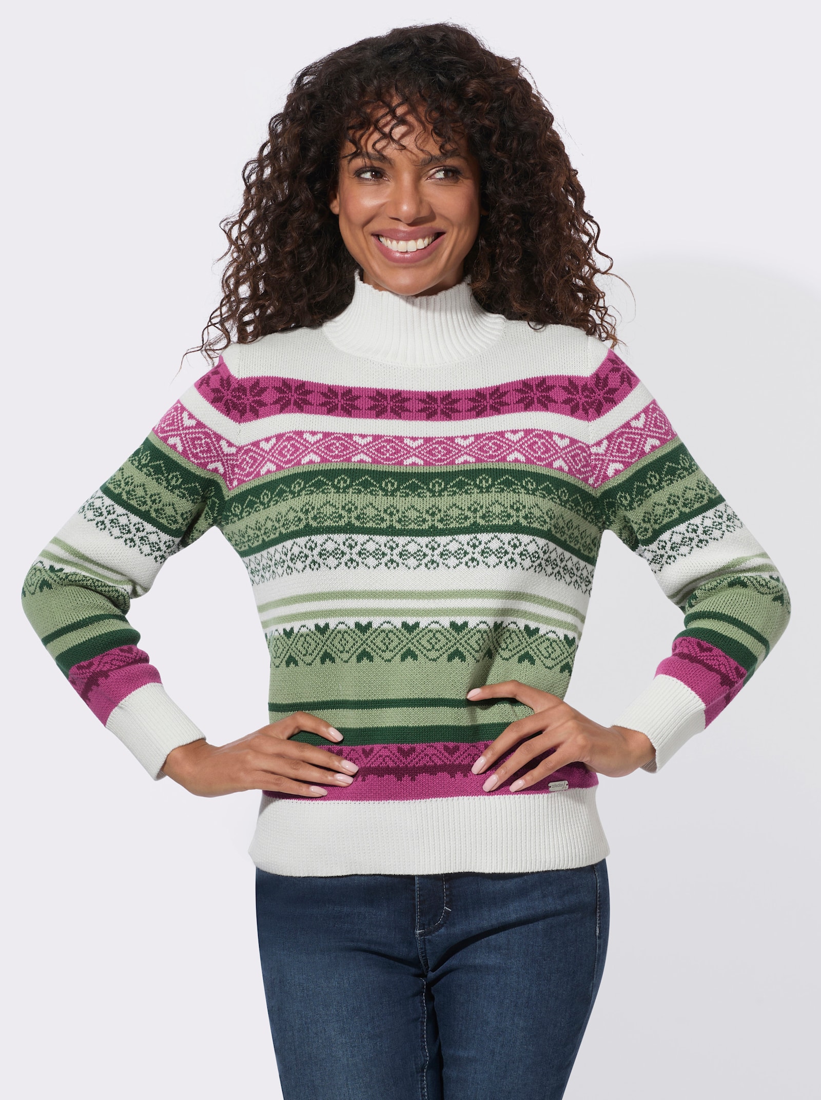 Stehkragenpullover in Norweger-Optik - eucalyptus-bordeaux-gemustert
