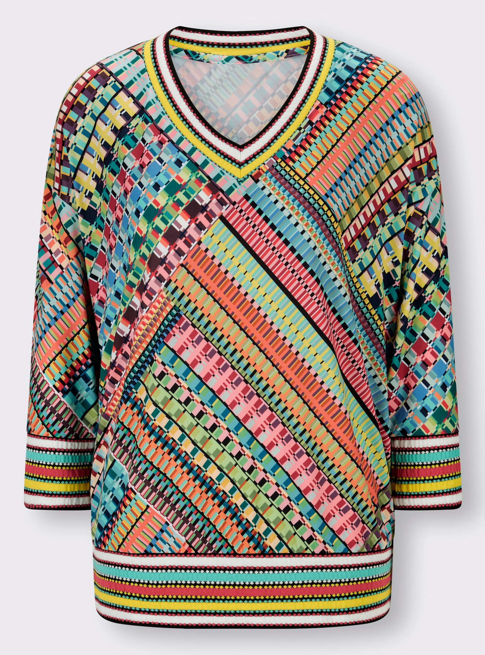 heine 3/4-Arm-Shirt mit V-Ausschnitt - smaragd-pink-gemustert