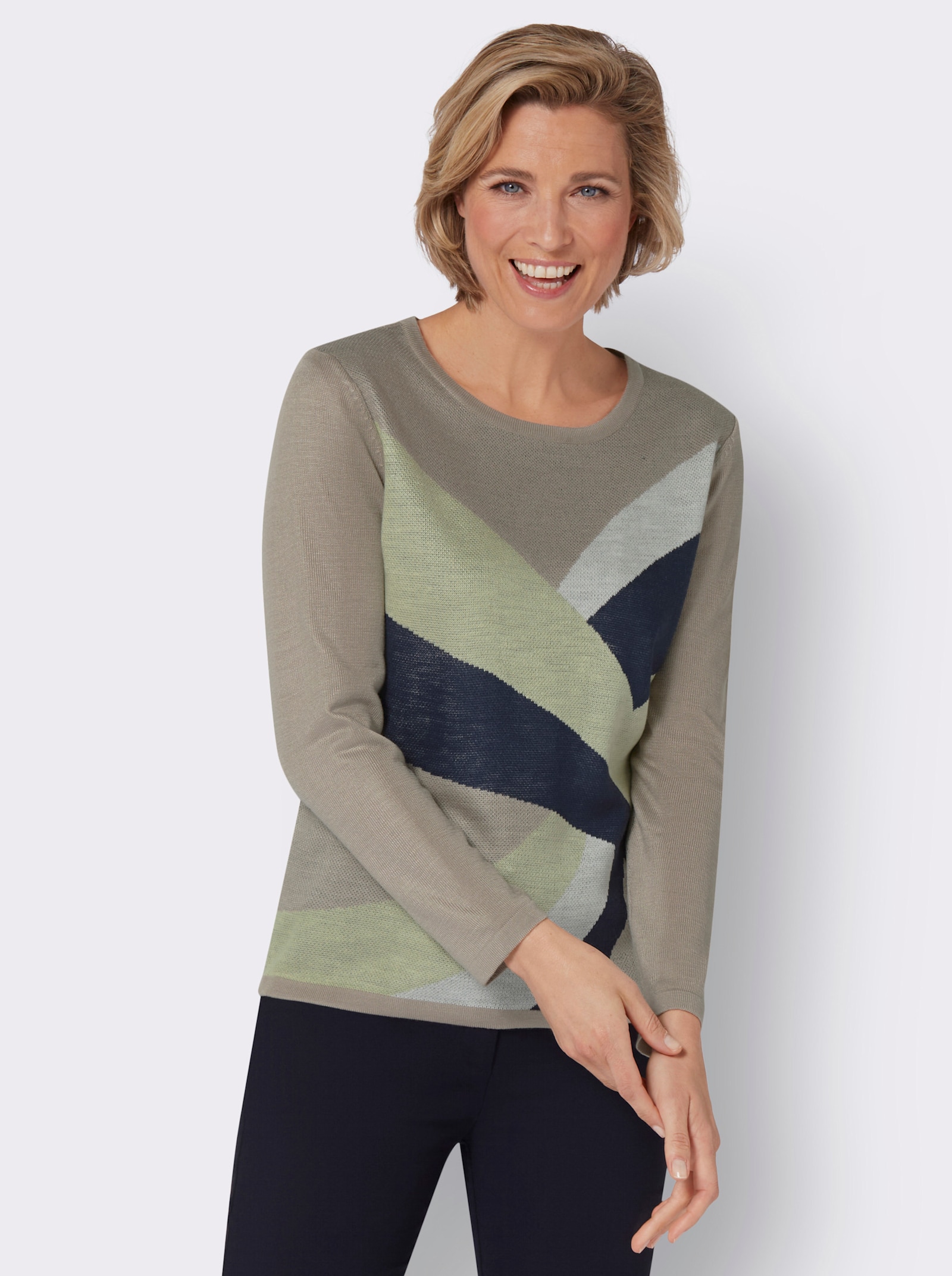 Pullover van onderhoudsarm jacquard - sesam/pistache gedessineerd
