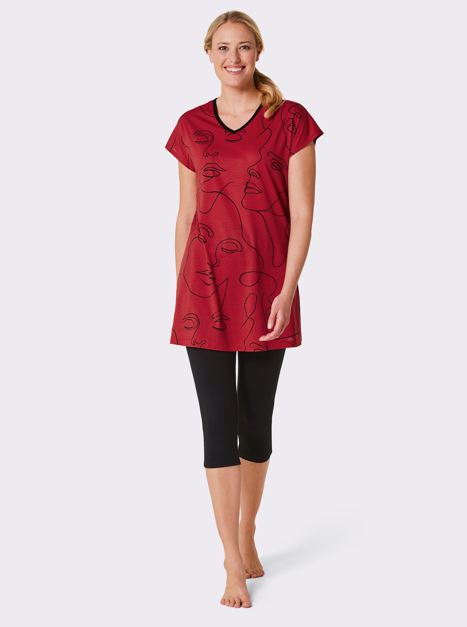 wäschepur Caprianzug mit Tunika-Oberteil - rot-schwarz-bedruckt