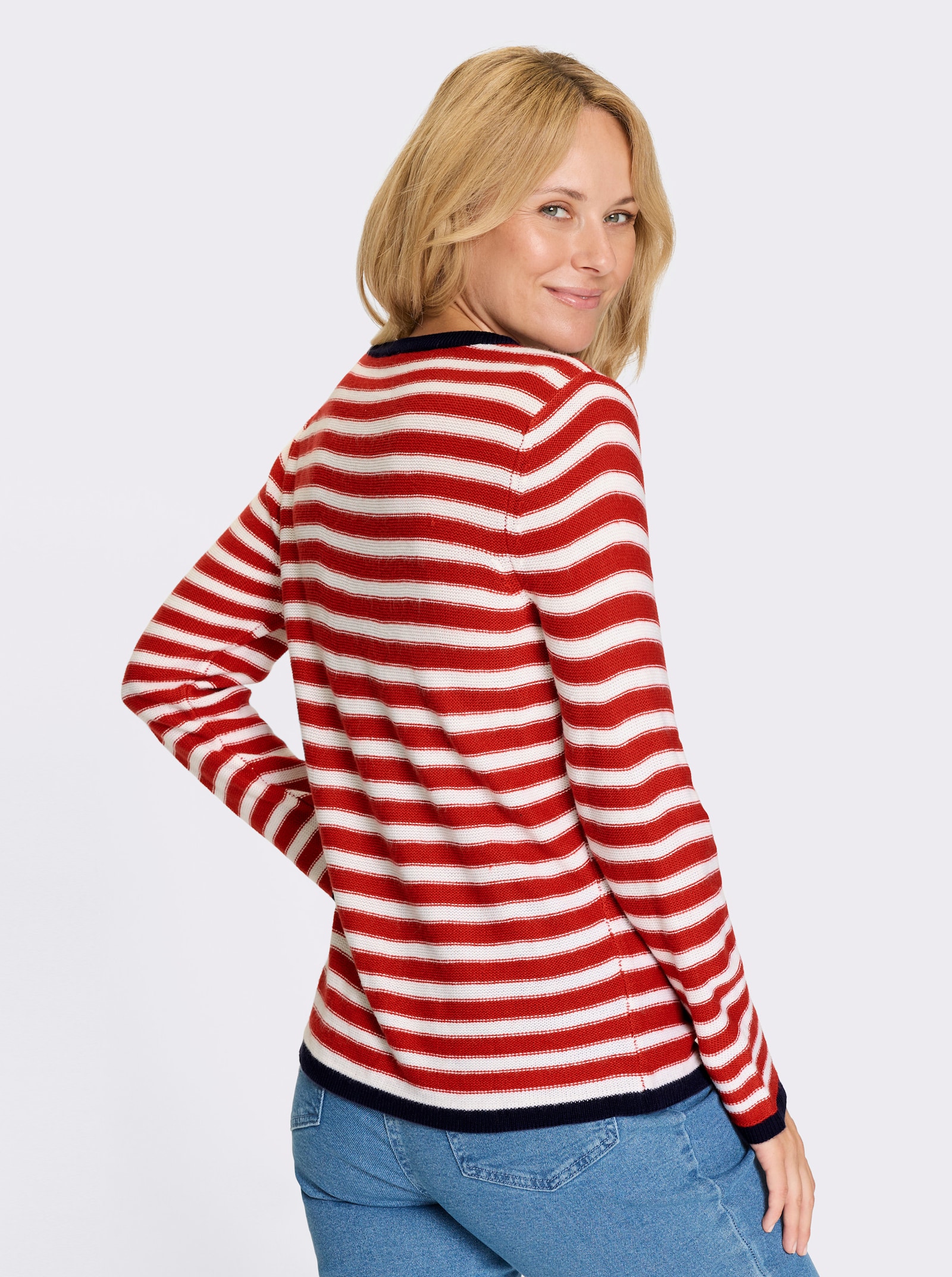 Rundhalspullover mit garngefärbtem Ringel - rot-weiß-geringelt