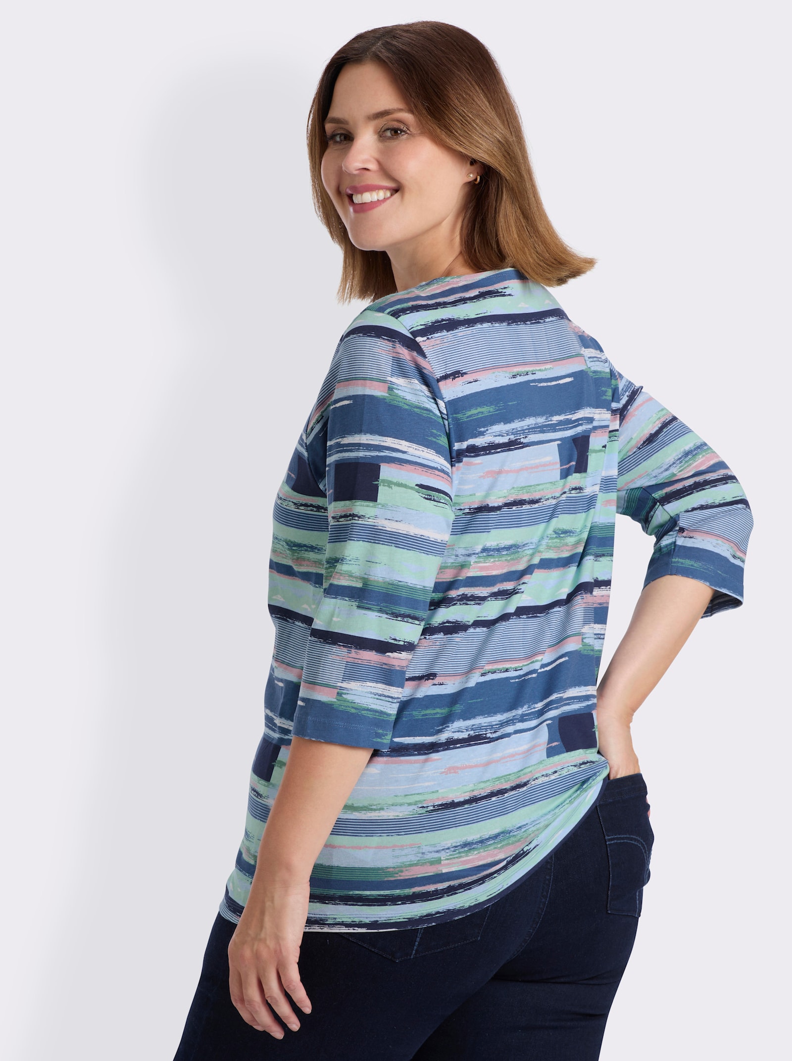 3/4-Arm-Shirt im Streifendessin - jeansblau-kalkmint-bedruckt