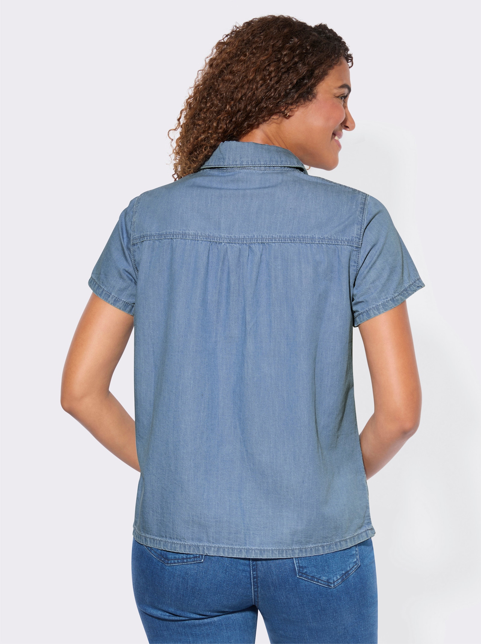 Jeansbluse mit gebogtem Saum - blue-bleached