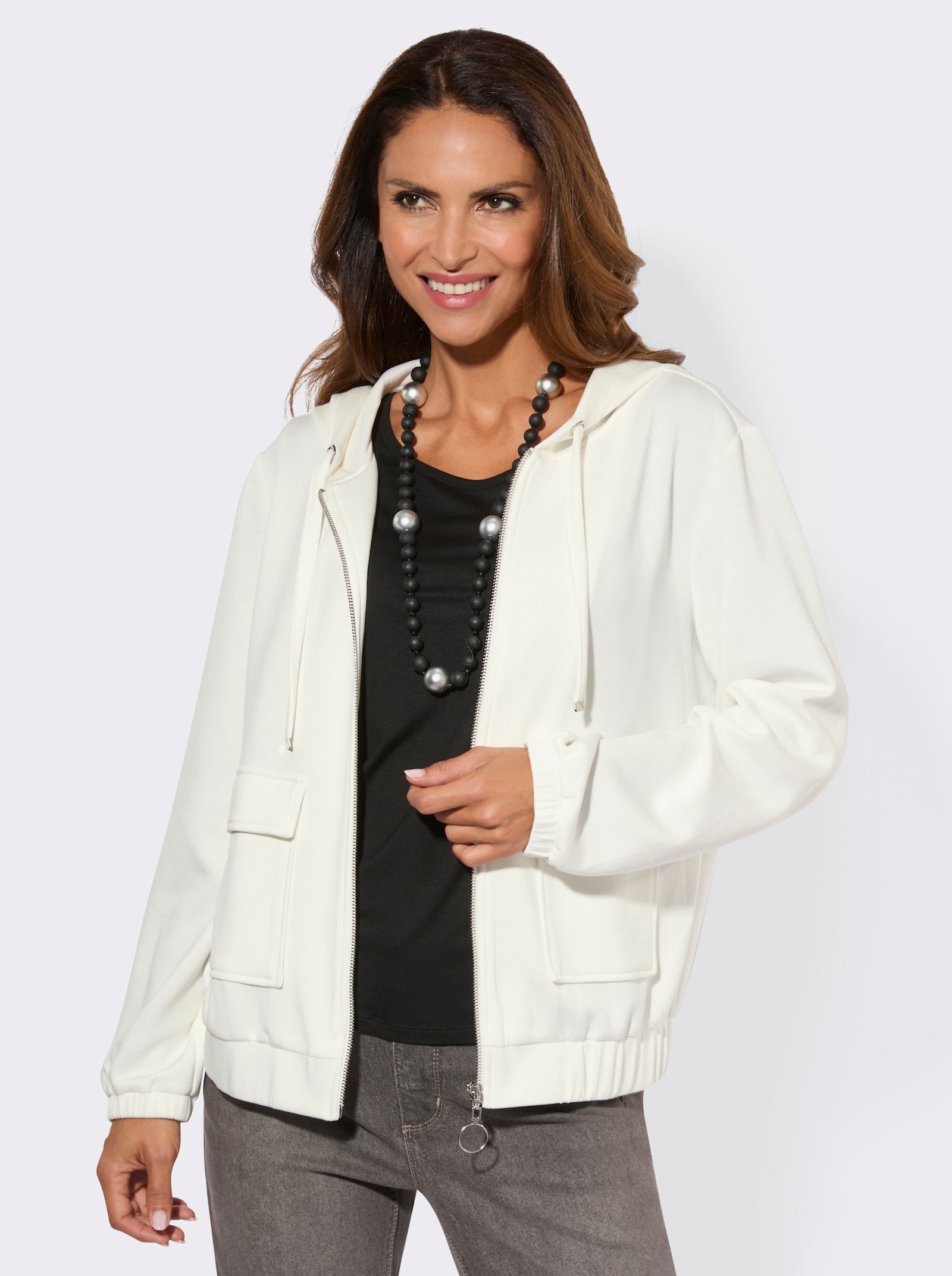 Sweatjacke mit Kapuze - ecru