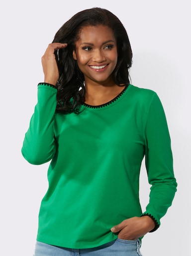 Rundhalsshirt mit Kontrast-Stickerei - grasgrün