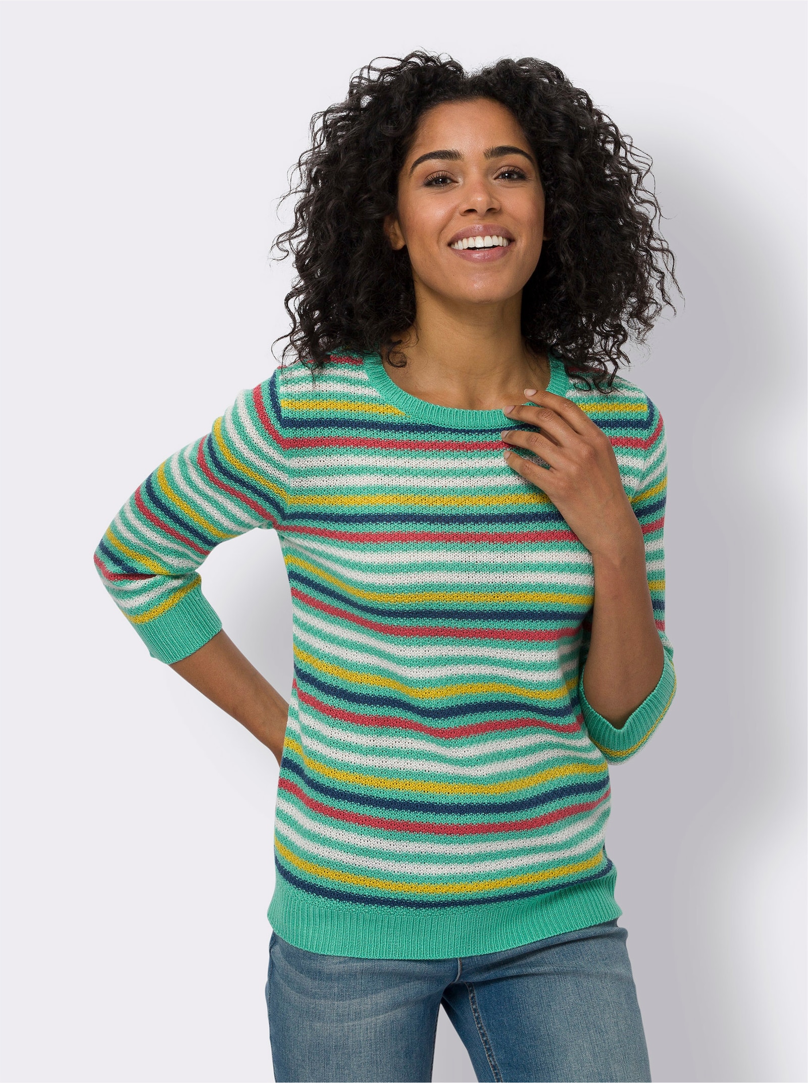 Proužkovaný svetr s ažurovými prvky - modrozelená-ecru-proužek