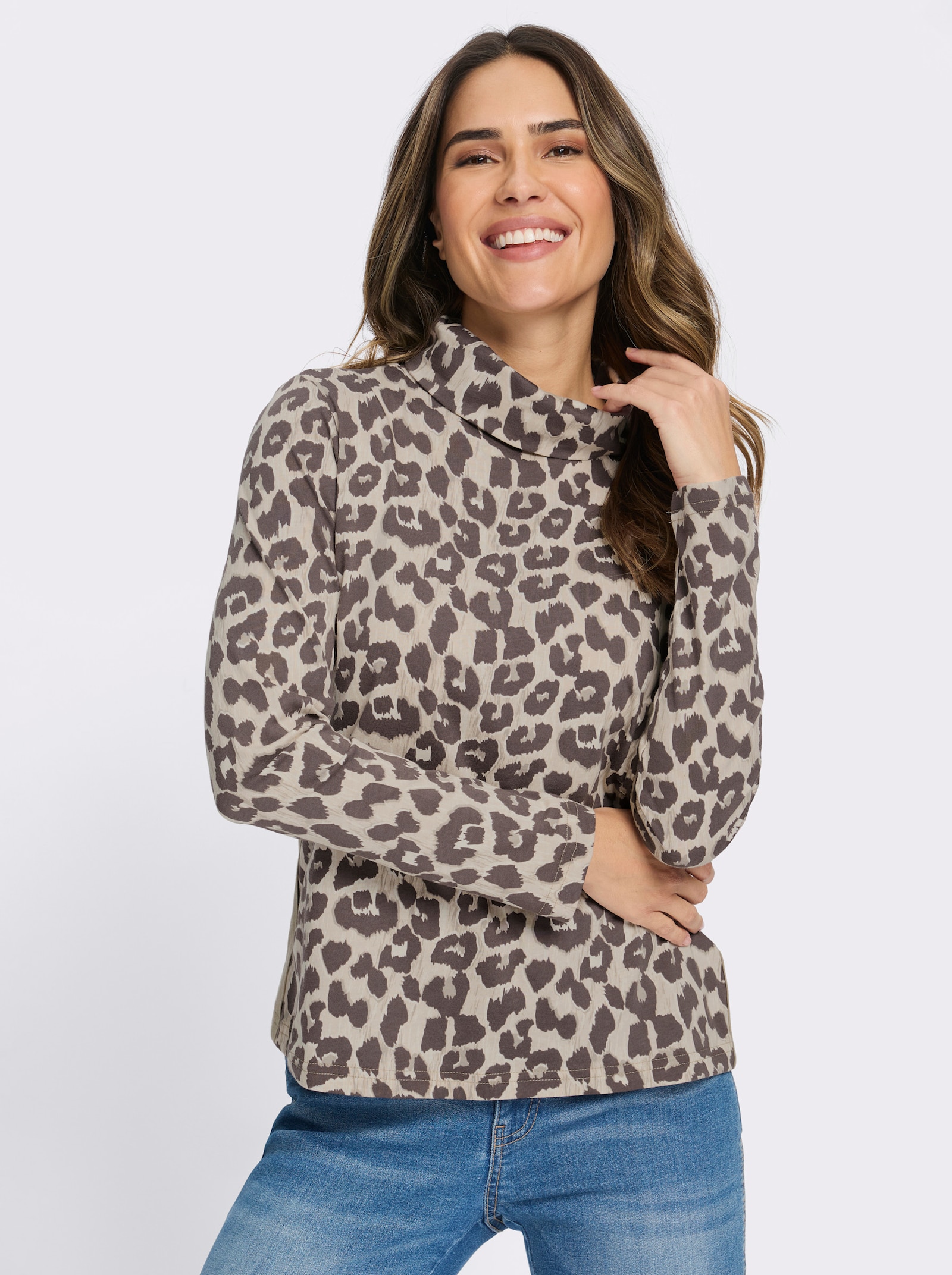 Rollkragenshirt im Leo-Dessin - elfenbein-dunkeltaupe-bedruckt