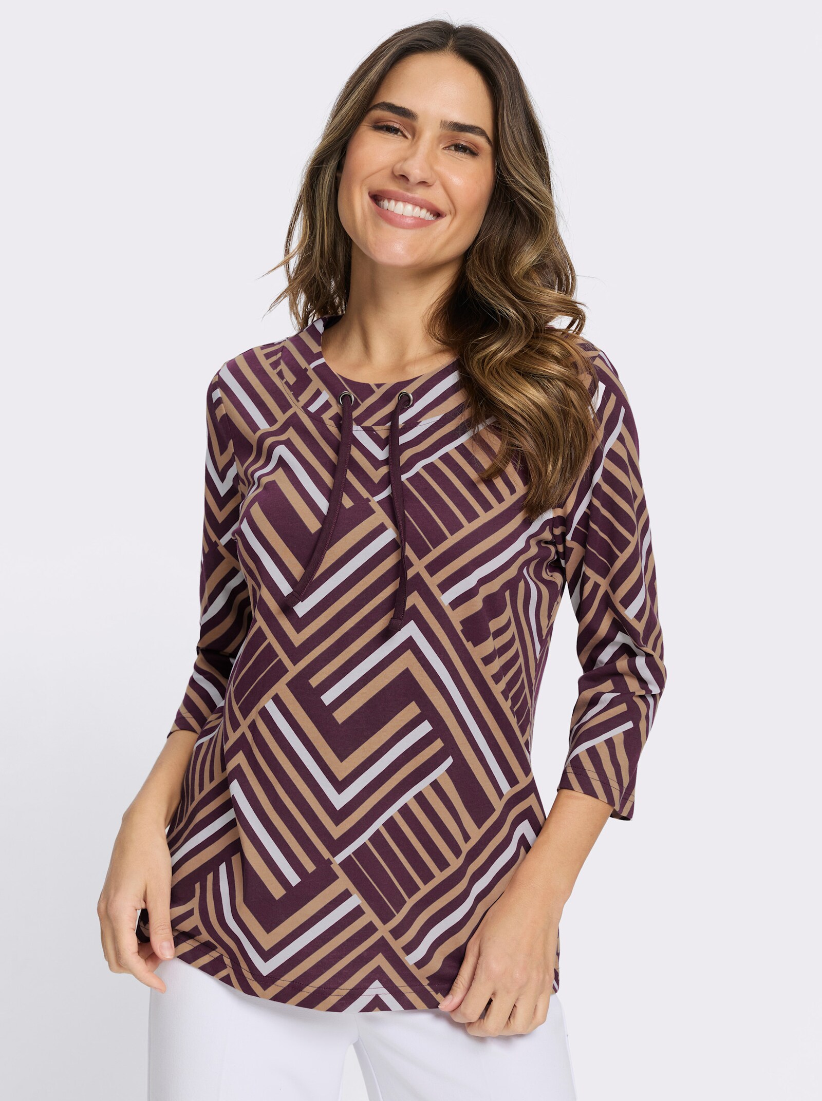 3/4-Arm-Shirt mit Bindeband - burgund-camel-bedruckt