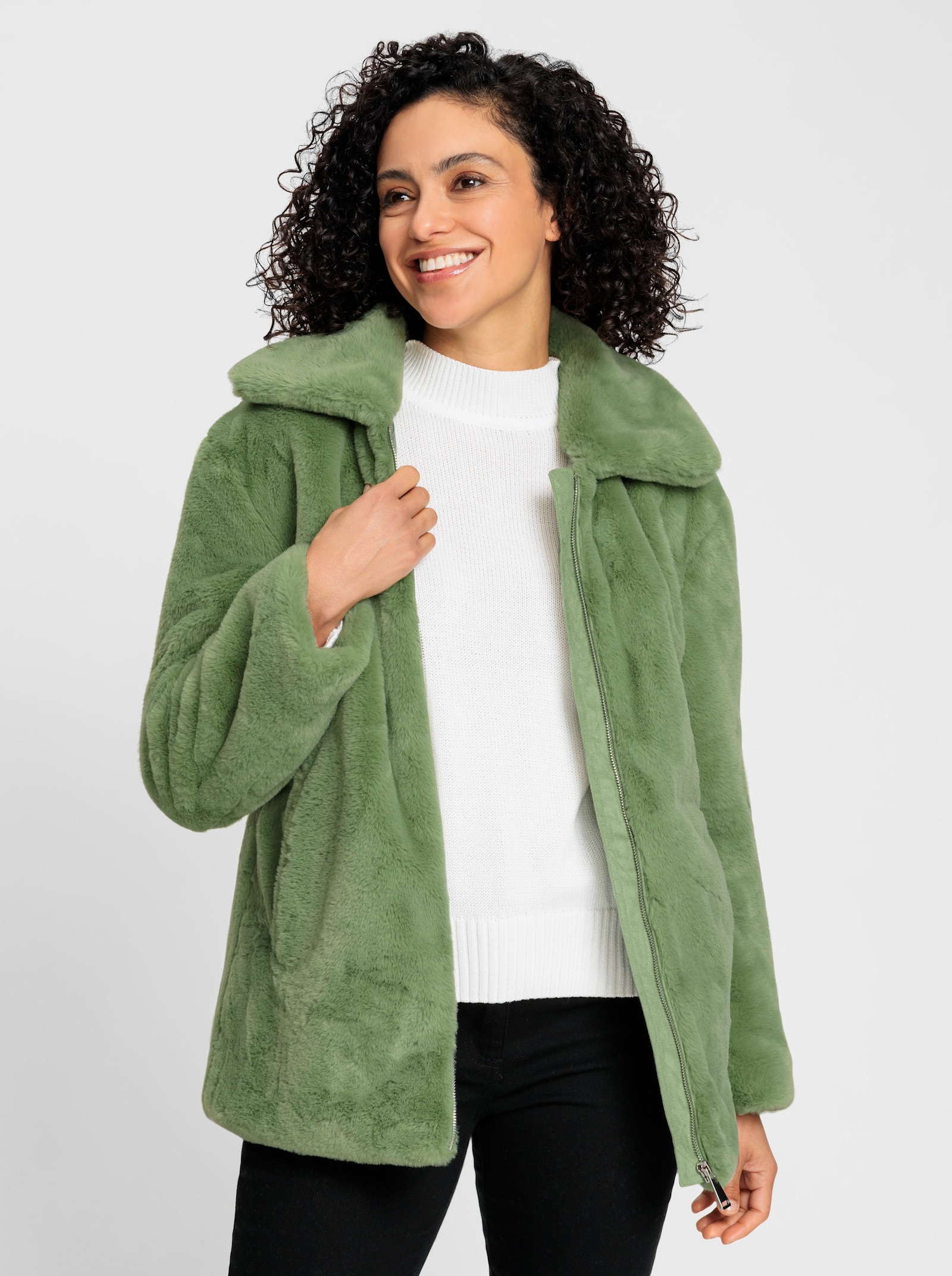 Kabátek z imitace kožešiny s ležatým límcem - eukalypt