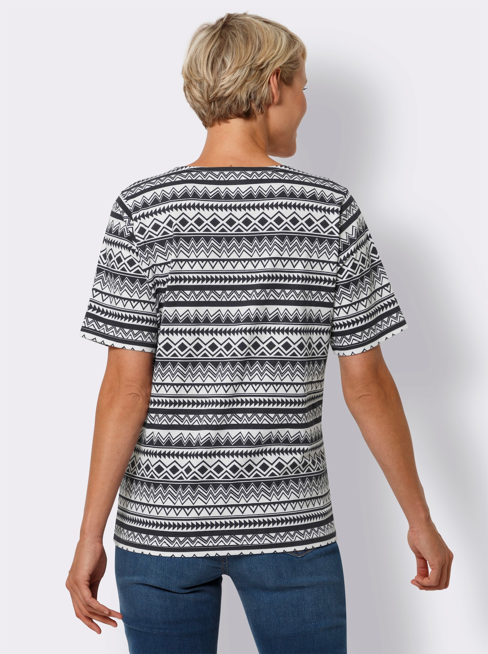 Kurzarmshirt aus reiner Baumwolle - weiß-marine-bedruckt