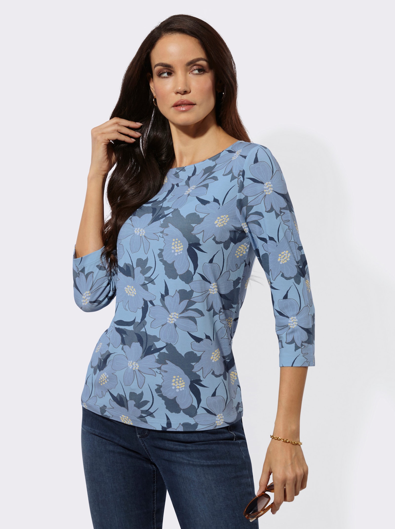 3/4-Arm-Shirt mit Blumen-Druck - eisblau-ecru-bedruckt